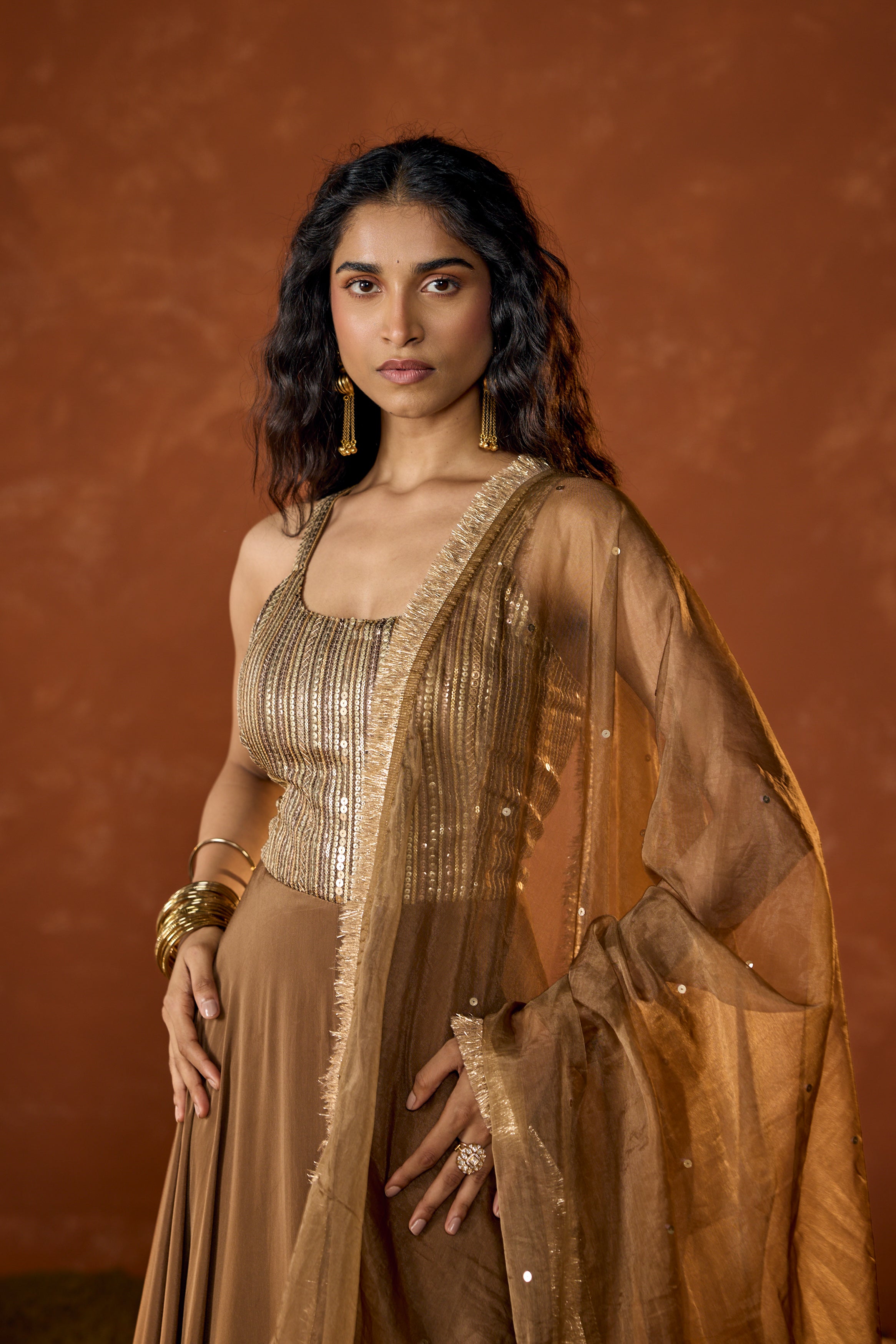Caramel Gold Embellished Crepe Silk Anarkali Set