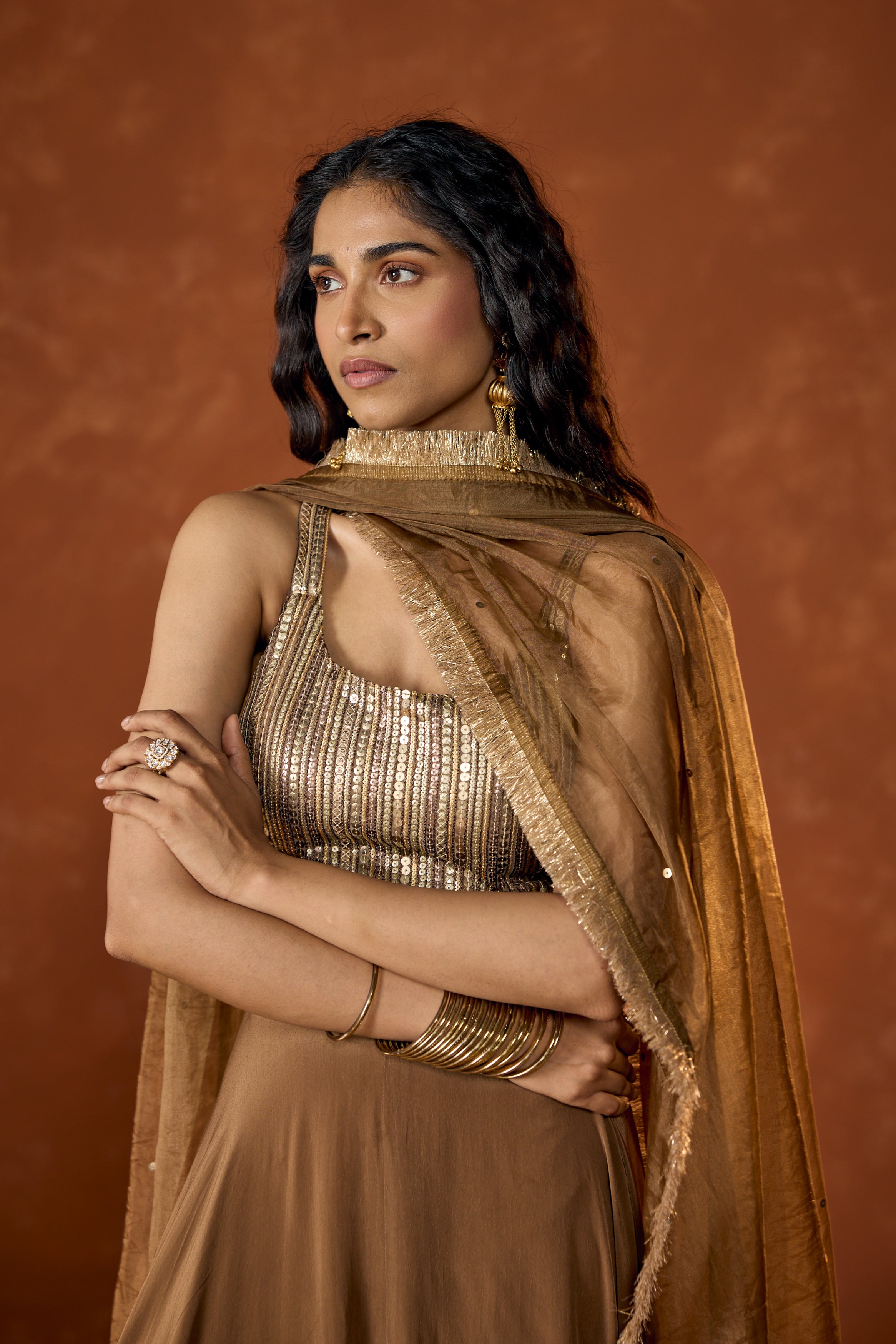 Caramel Gold Embellished Crepe Silk Anarkali Set