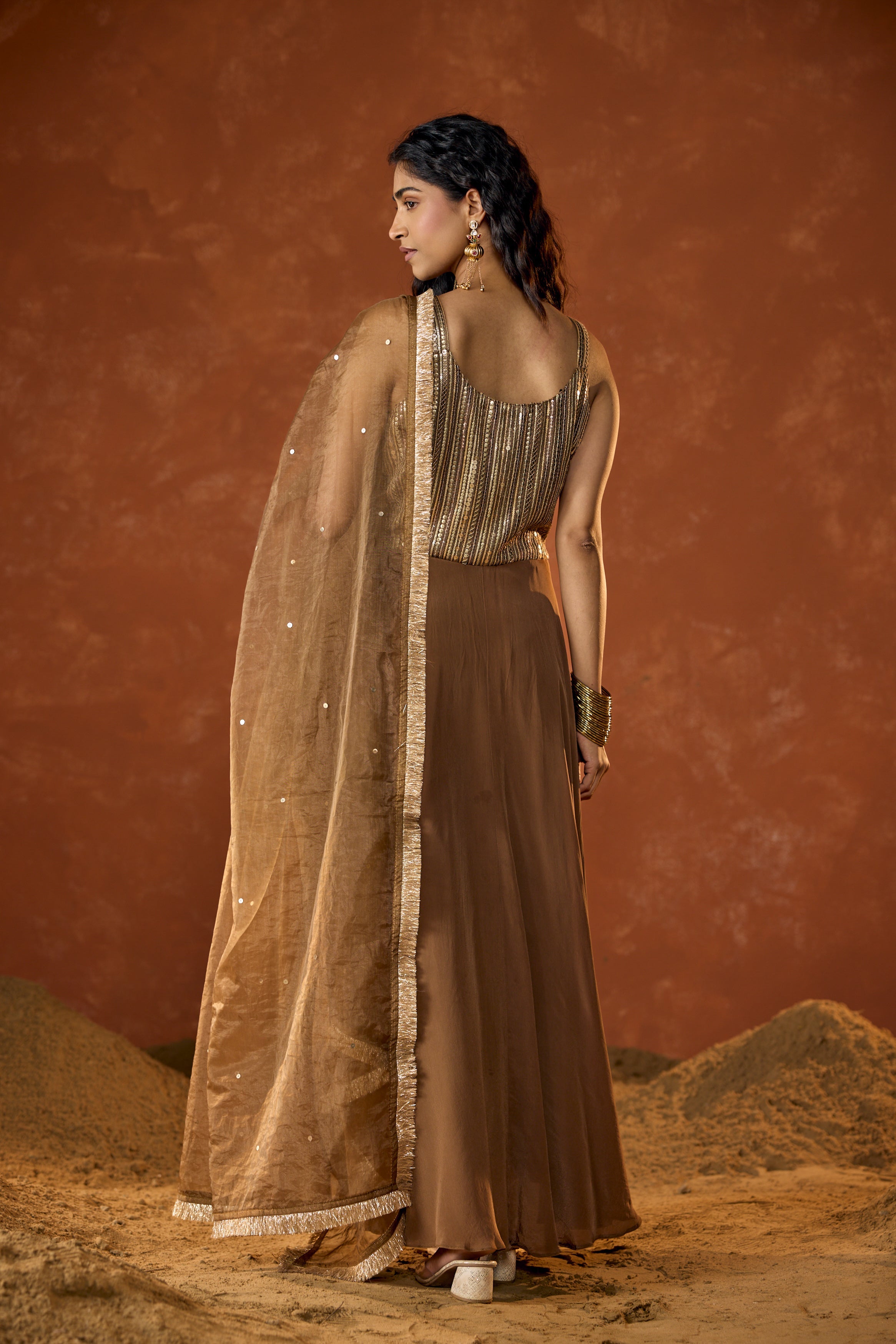 Caramel Gold Embellished Crepe Silk Anarkali Set