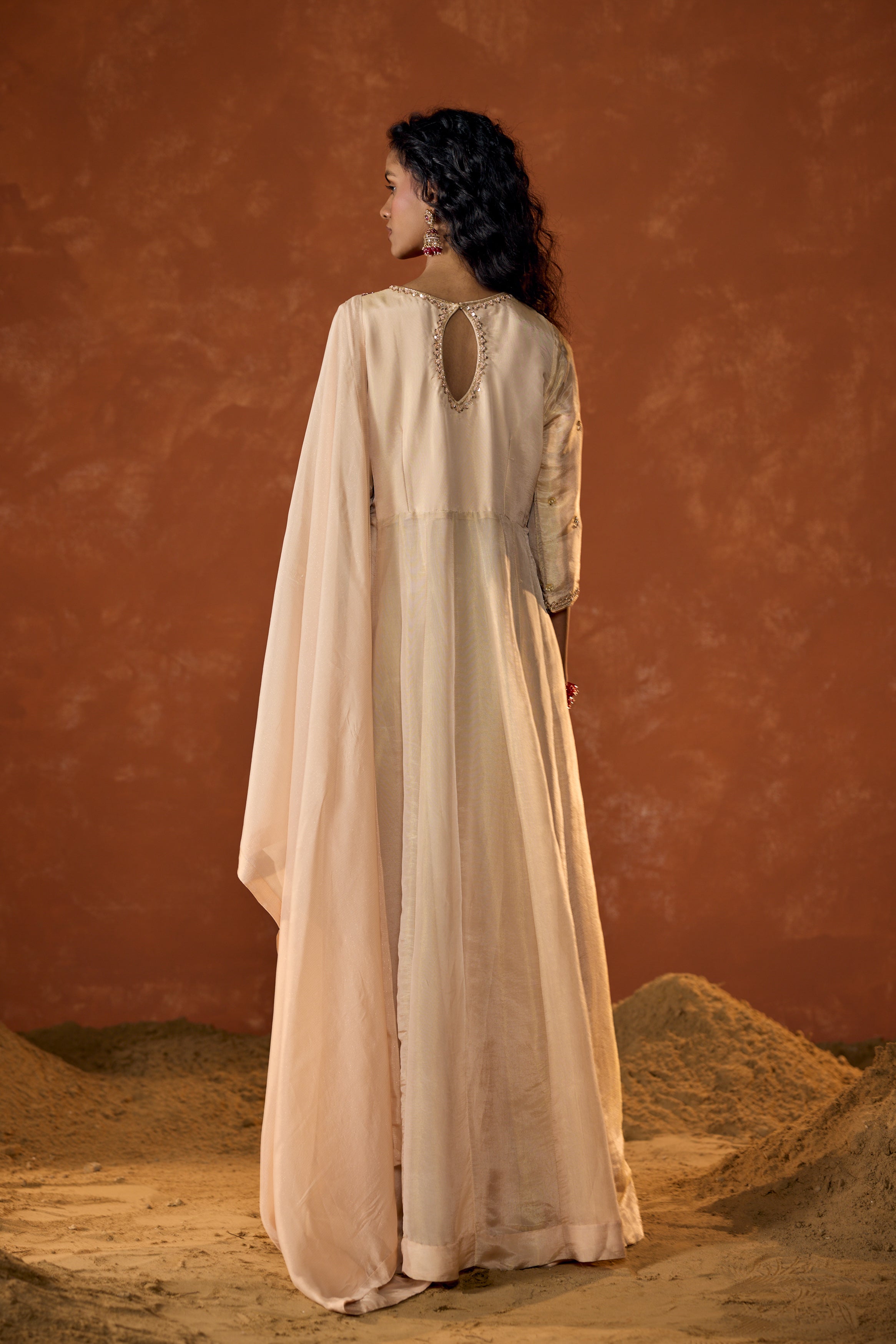 Pale Ivory Embellished Shimmer Tissue Silk Anarkali Set