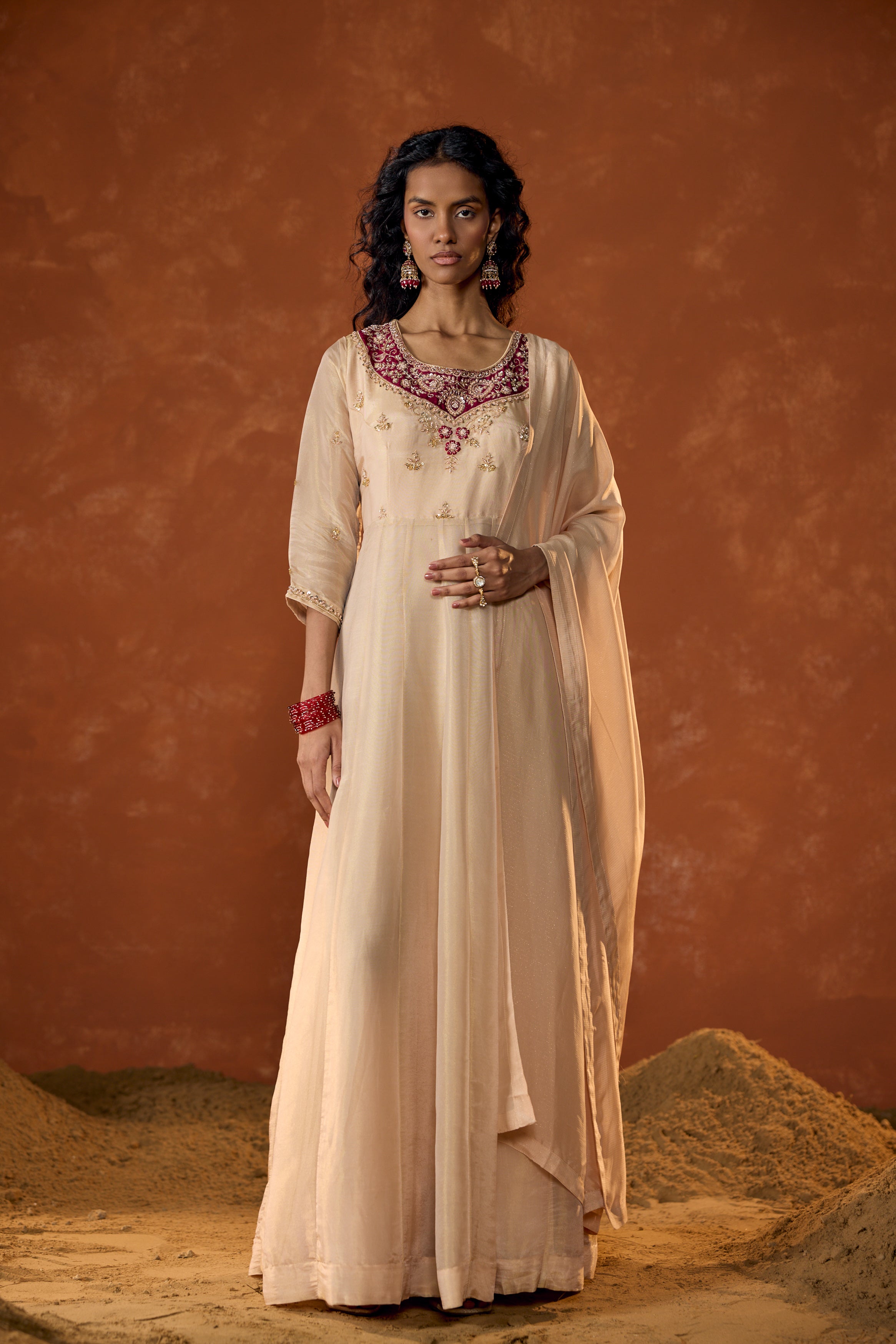 Pale Ivory Embellished Shimmer Tissue Silk Anarkali Set