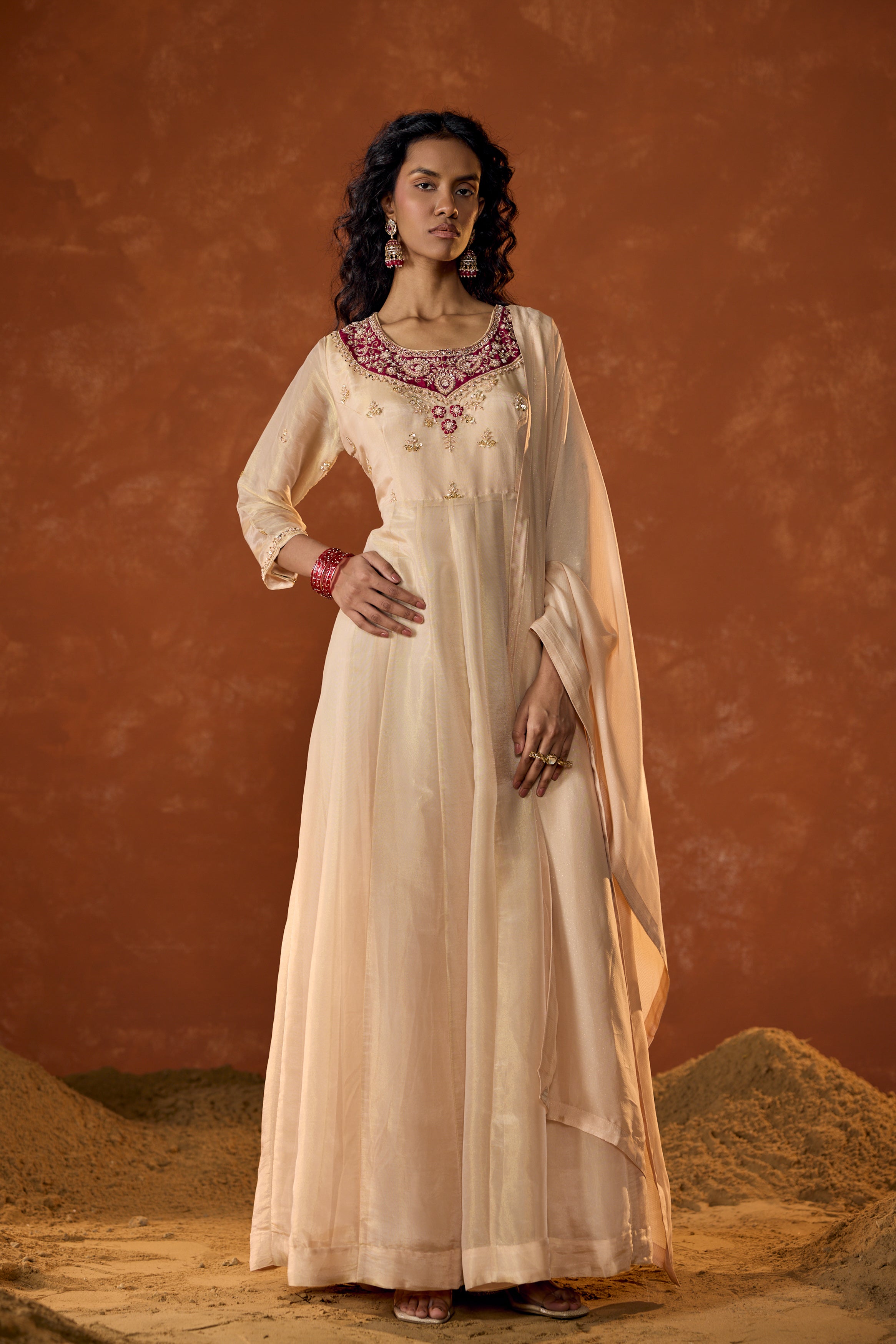 Pale Ivory Embellished Shimmer Tissue Silk Anarkali Set