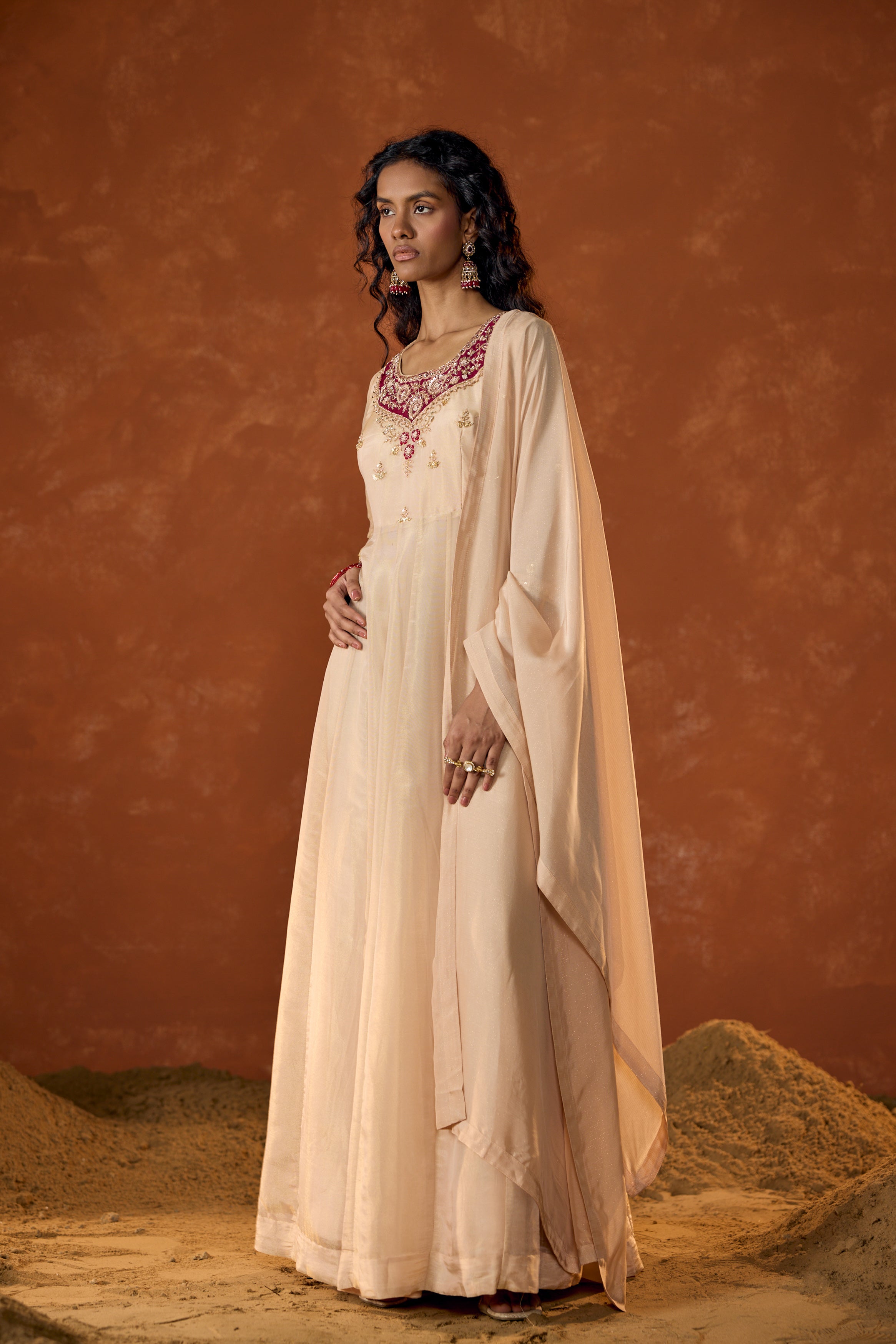 Pale Ivory Embellished Shimmer Tissue Silk Anarkali Set