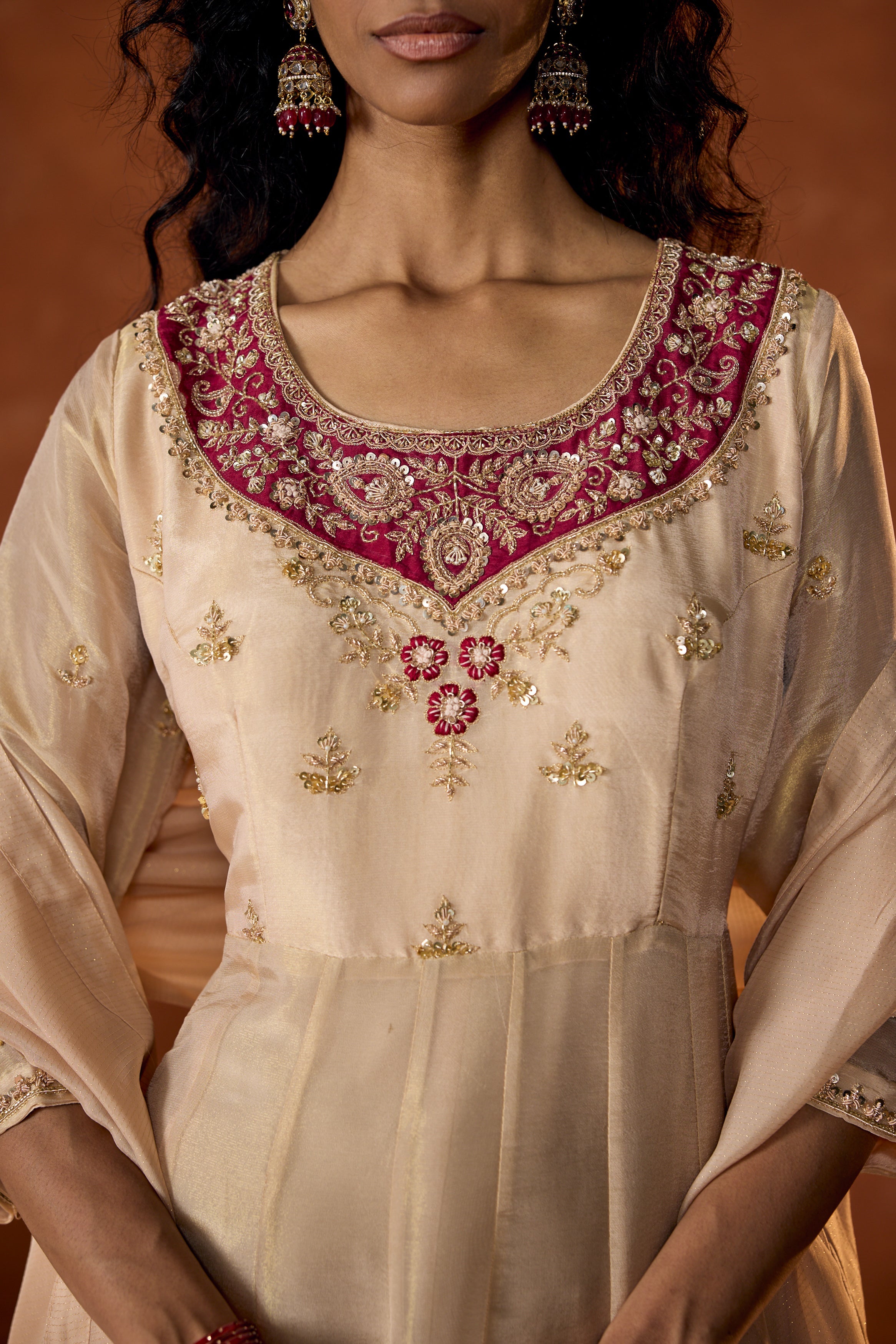 Pale Ivory Embellished Shimmer Tissue Silk Anarkali Set