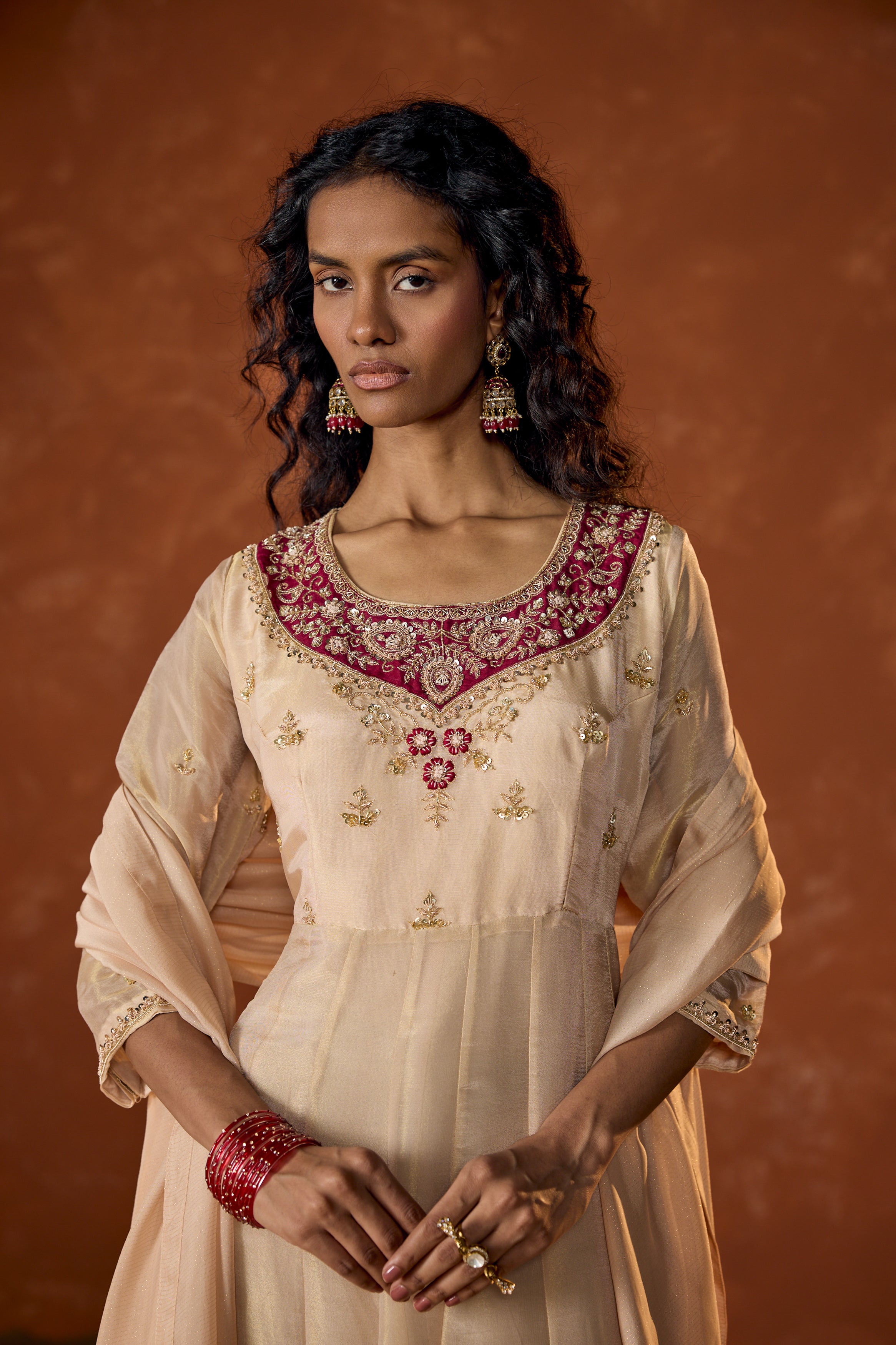 Pale Ivory Embellished Shimmer Tissue Silk Anarkali Set