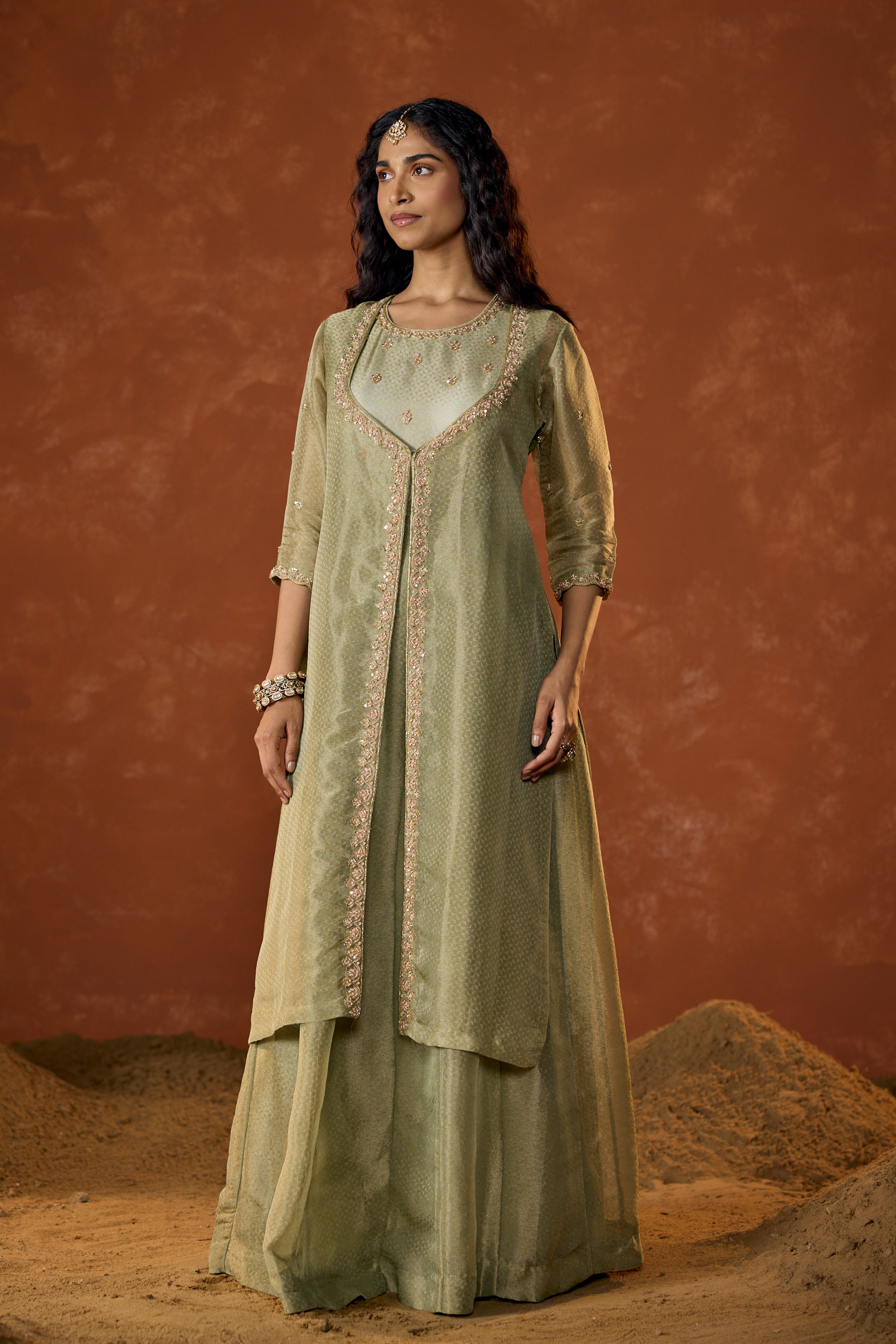 Pistachio Green Embellished Shimmer Tissue Silk Gown Set