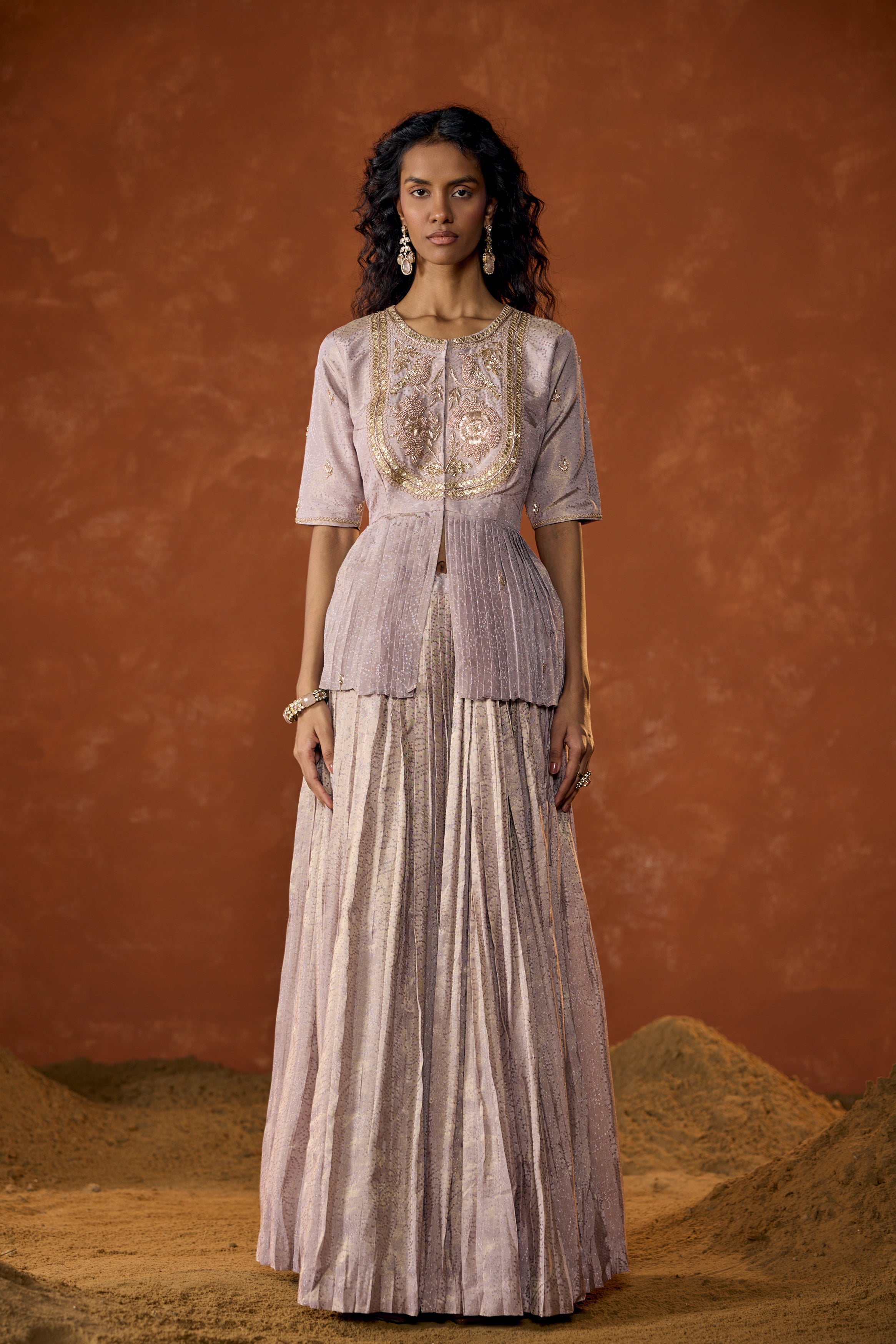 Lilac Pink Embellished Shimmer Tissue Silk Skirt Set