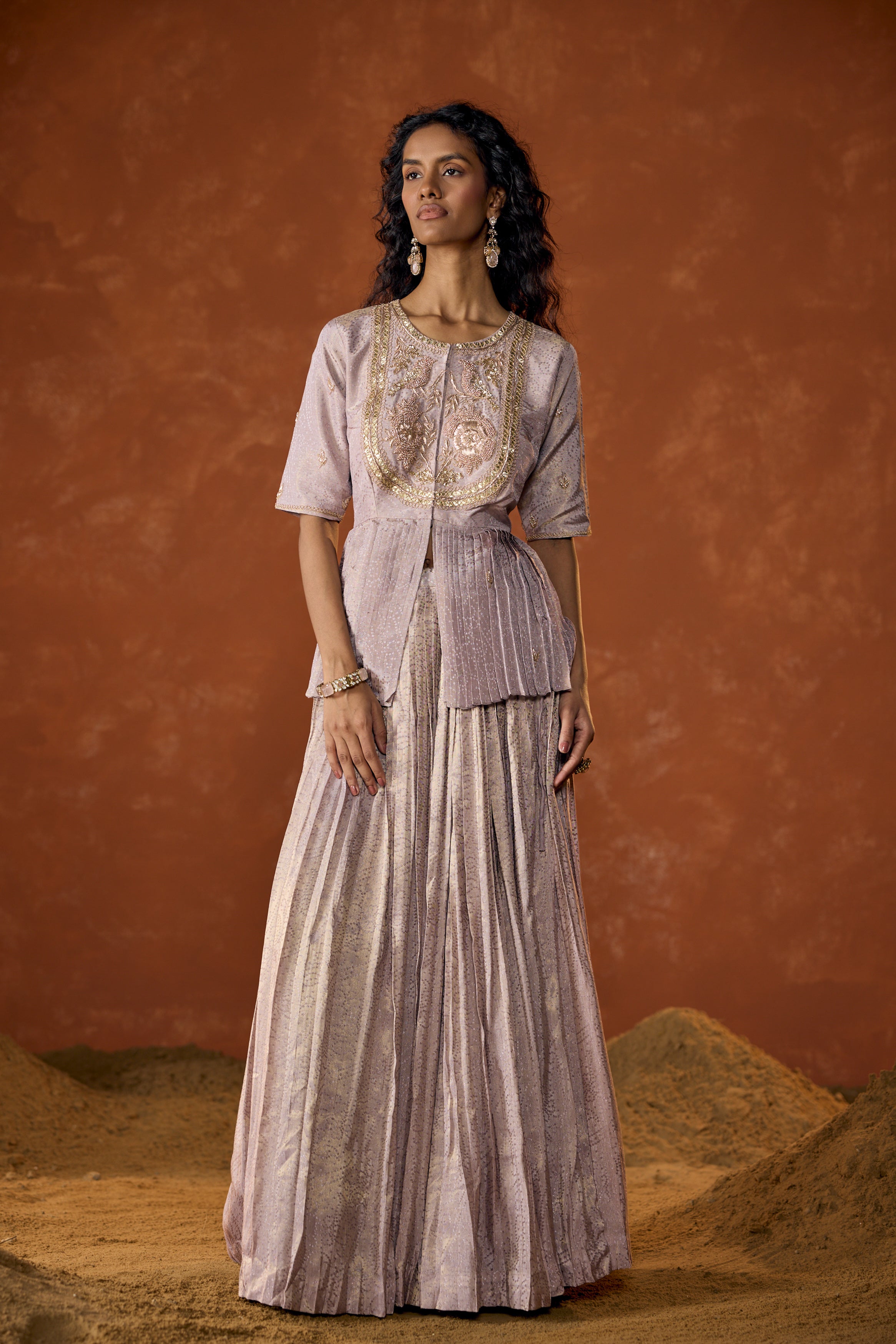 Lilac Pink Embellished Shimmer Tissue Silk Skirt Set