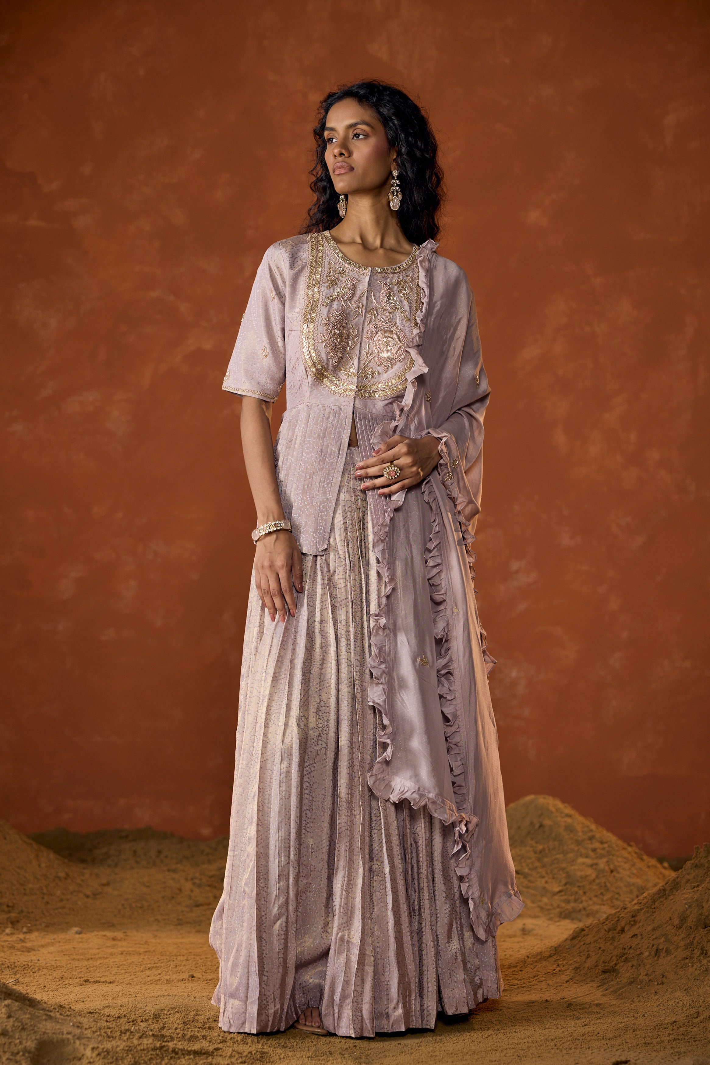 Lilac Pink Embellished Shimmer Tissue Silk Skirt Set