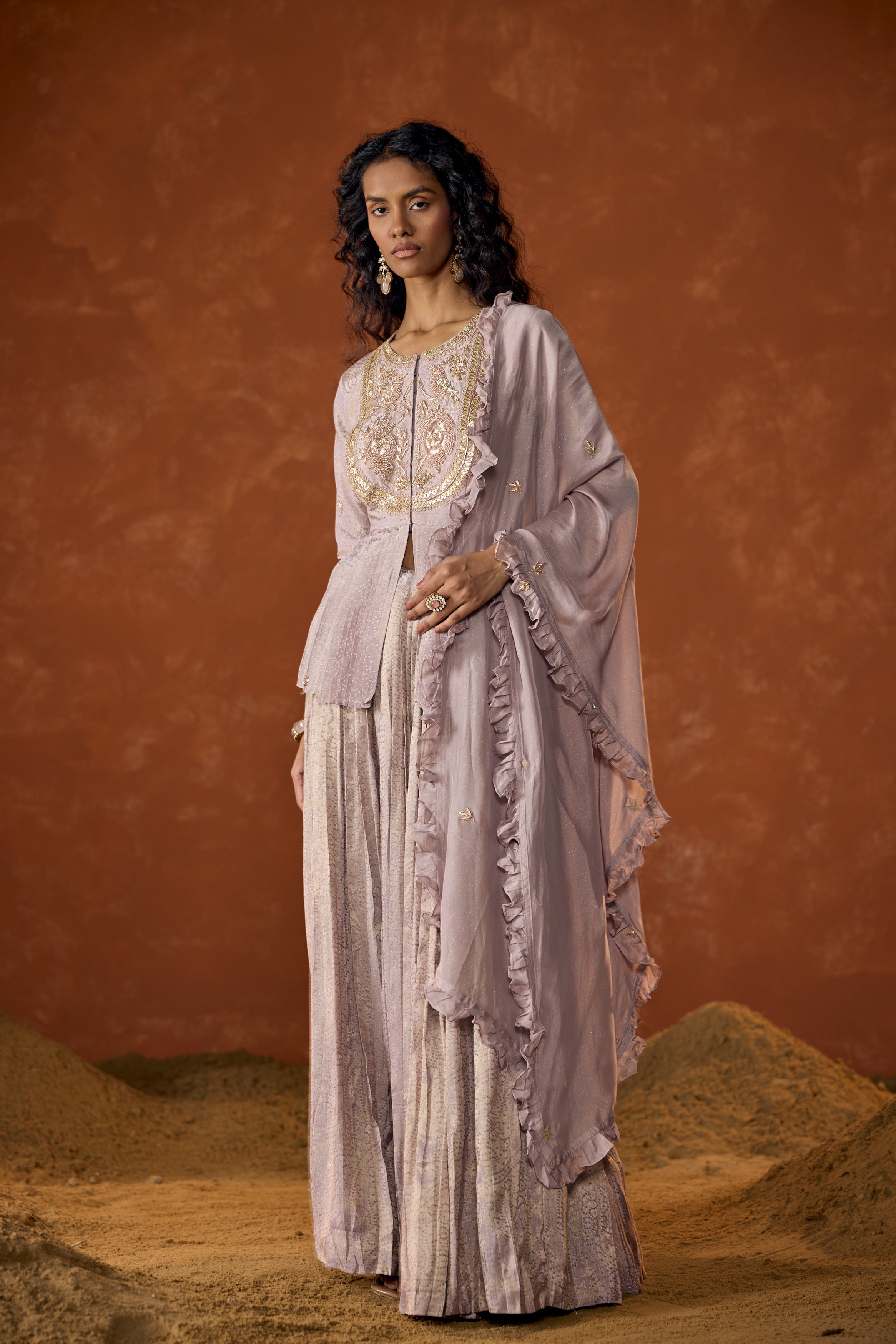 Lilac Pink Embellished Shimmer Tissue Silk Skirt Set