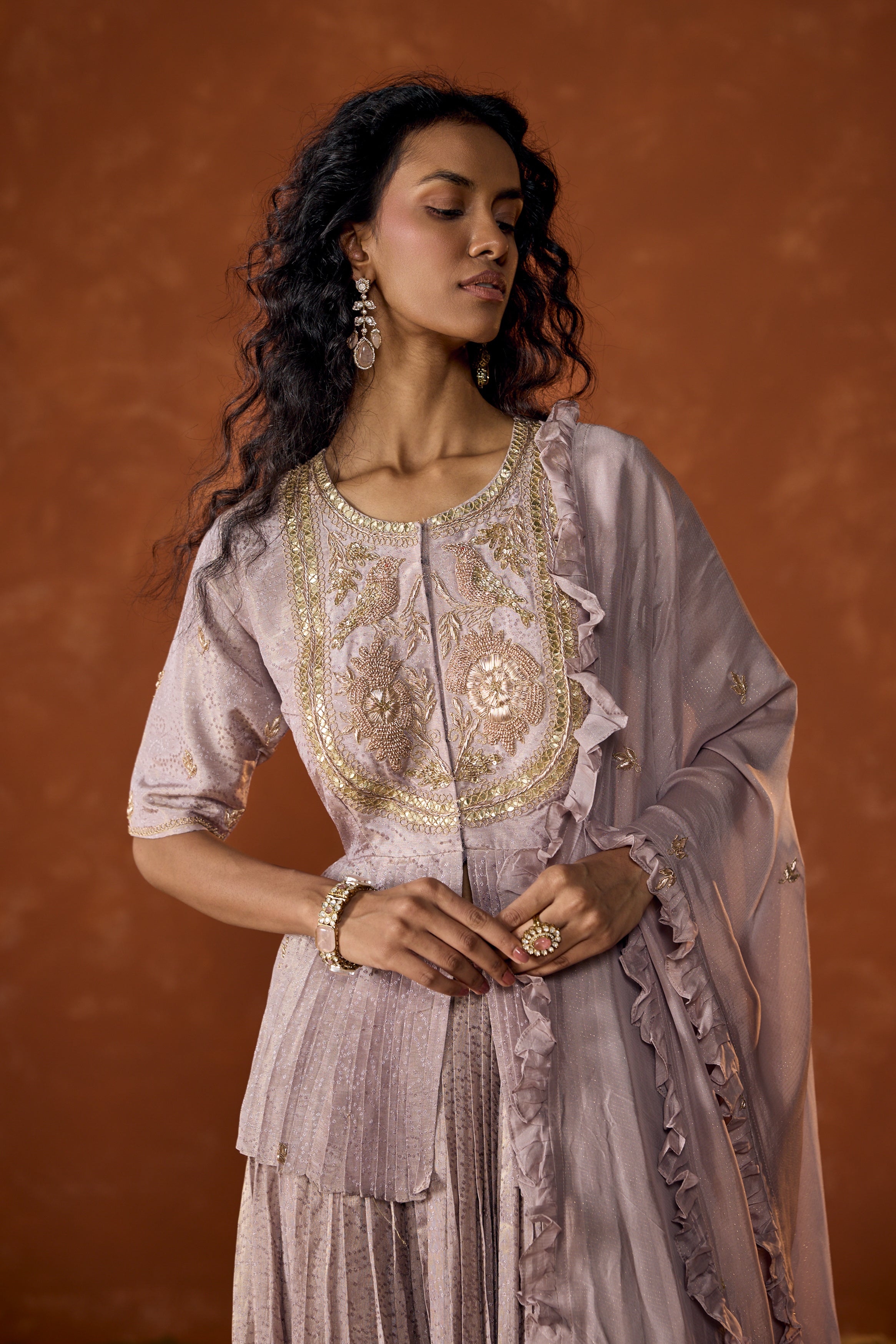 Lilac Pink Embellished Shimmer Tissue Silk Skirt Set