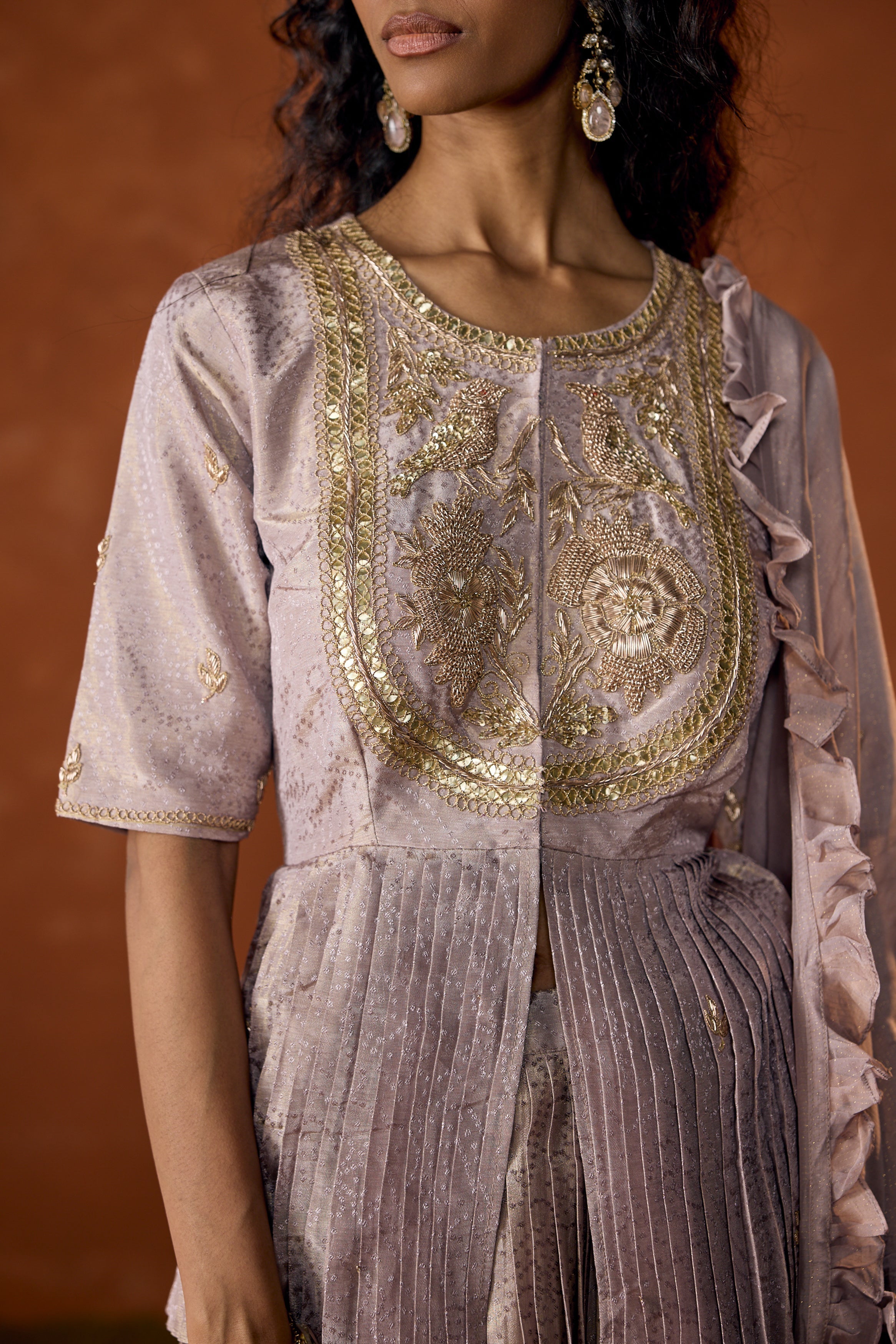Lilac Pink Embellished Shimmer Tissue Silk Skirt Set