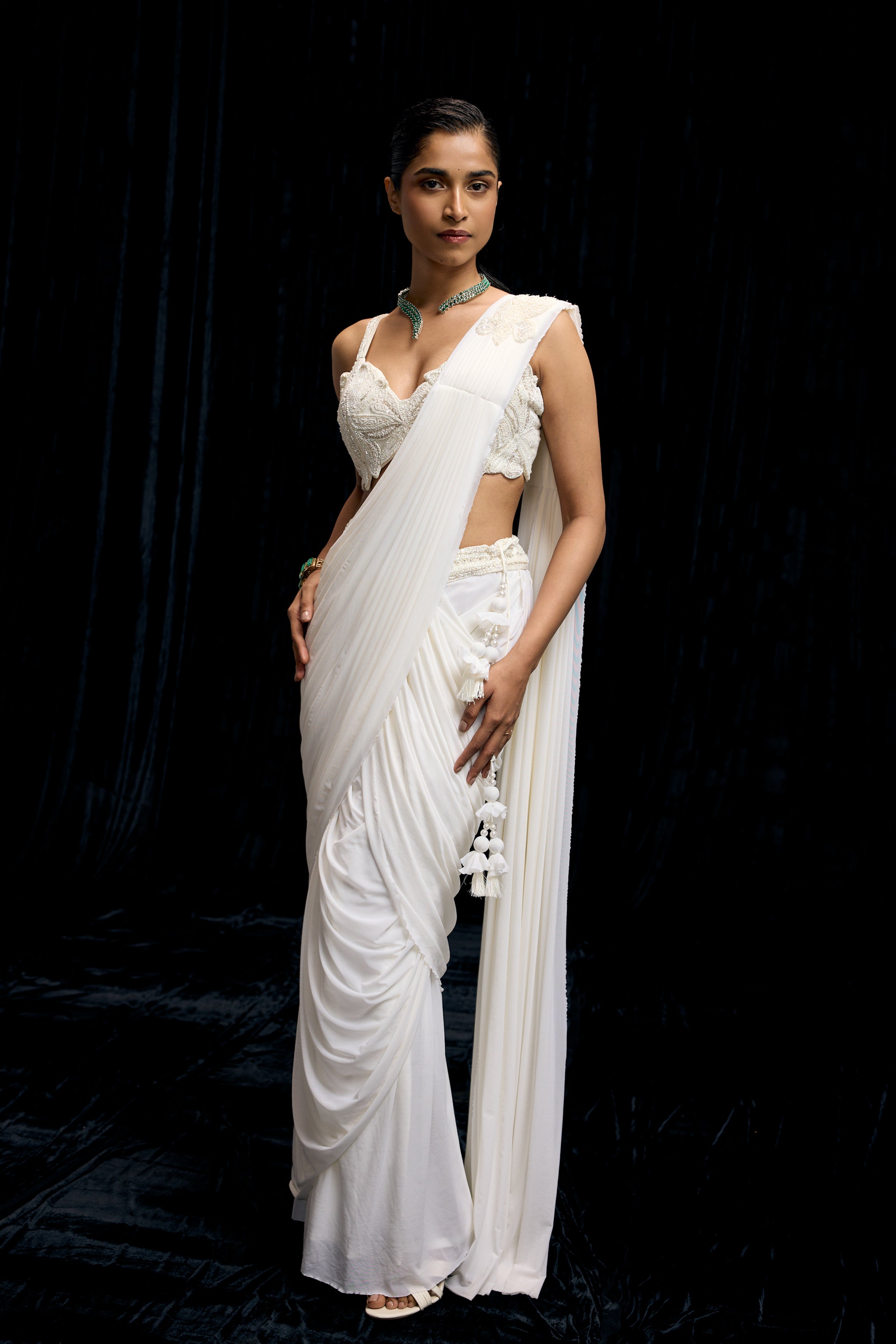 Pearl White Embellished Spandex Lycra Drape Saree