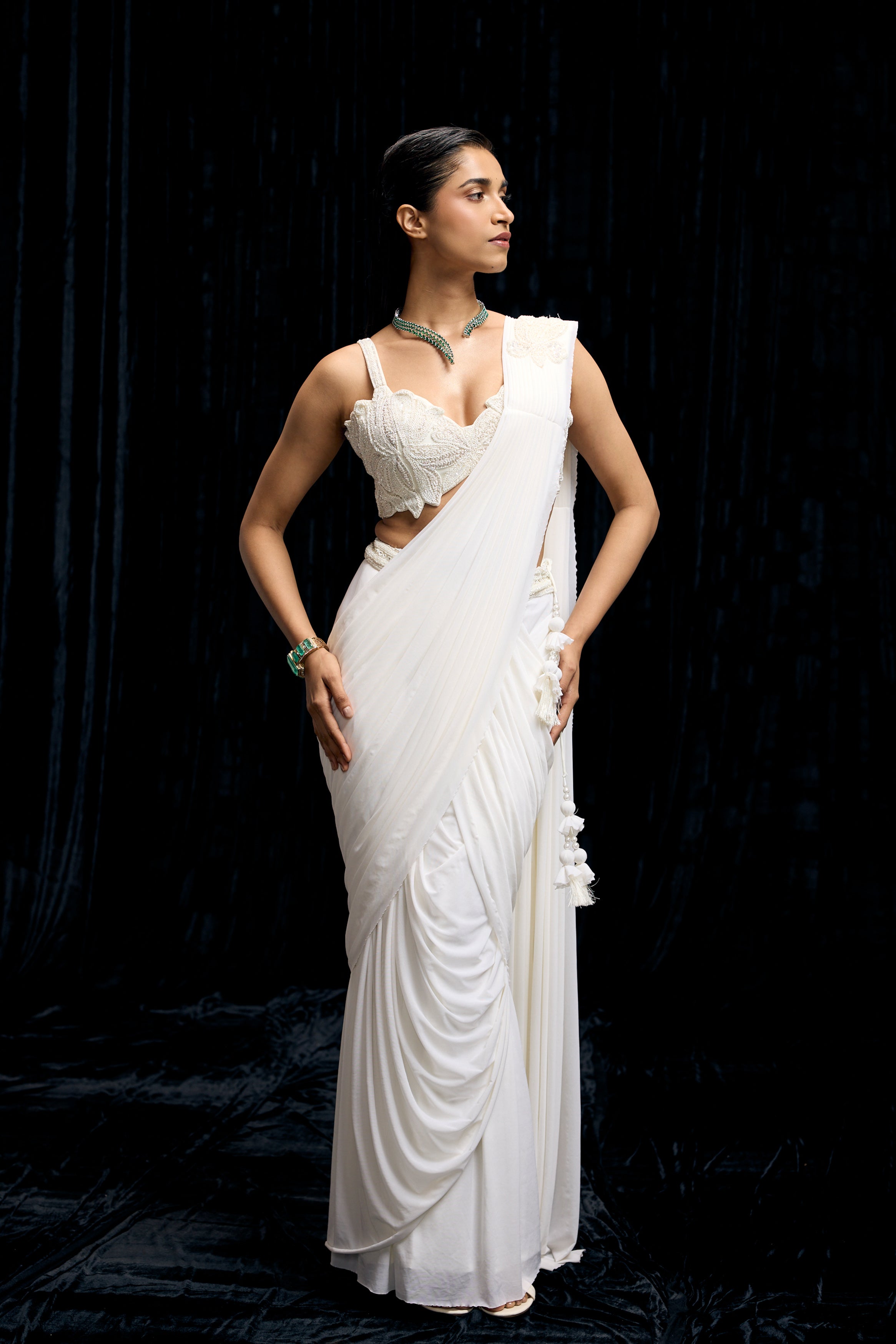 Pearl White Embellished Spandex Lycra Drape Saree