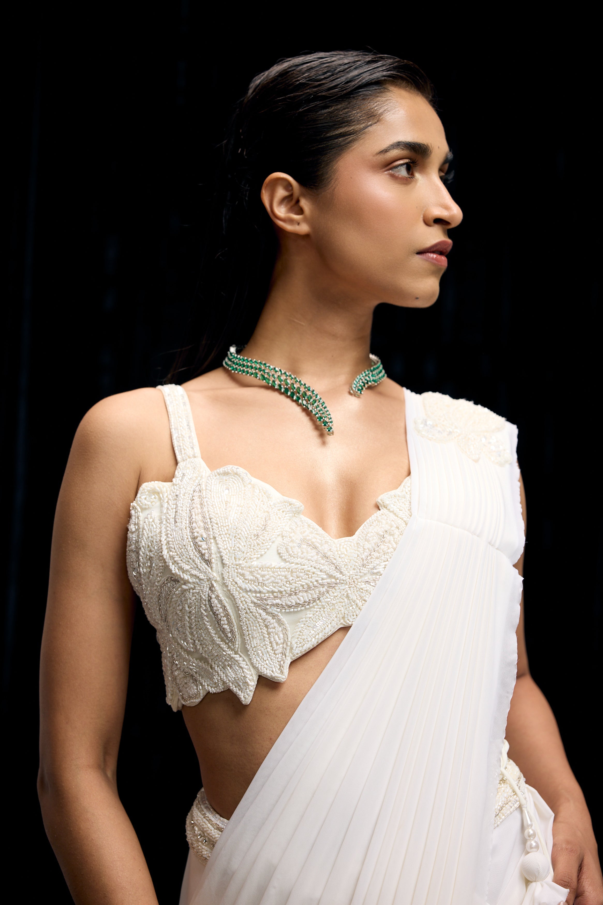 Pearl White Embellished Spandex Lycra Drape Saree