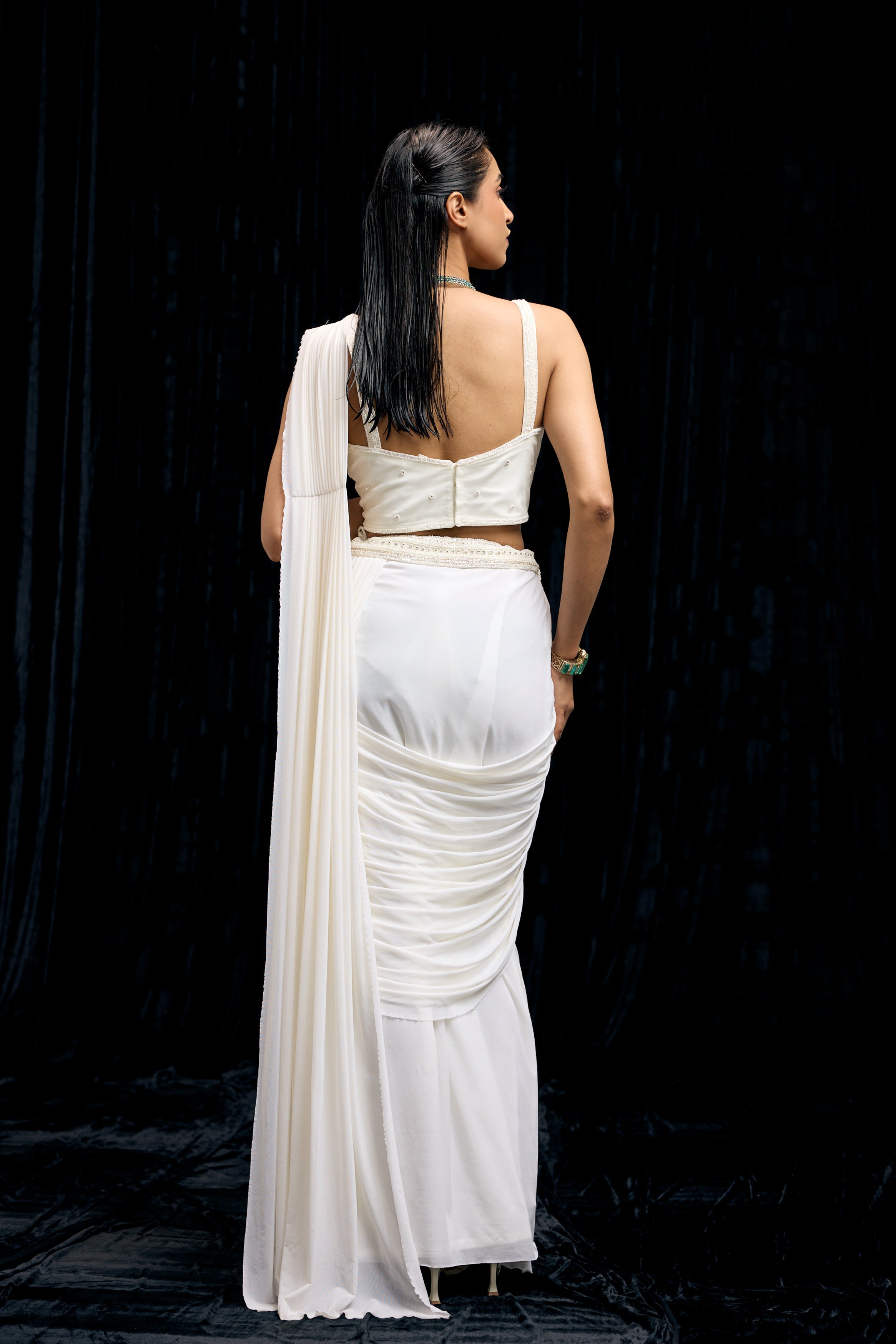 Pearl White Embellished Spandex Lycra Drape Saree