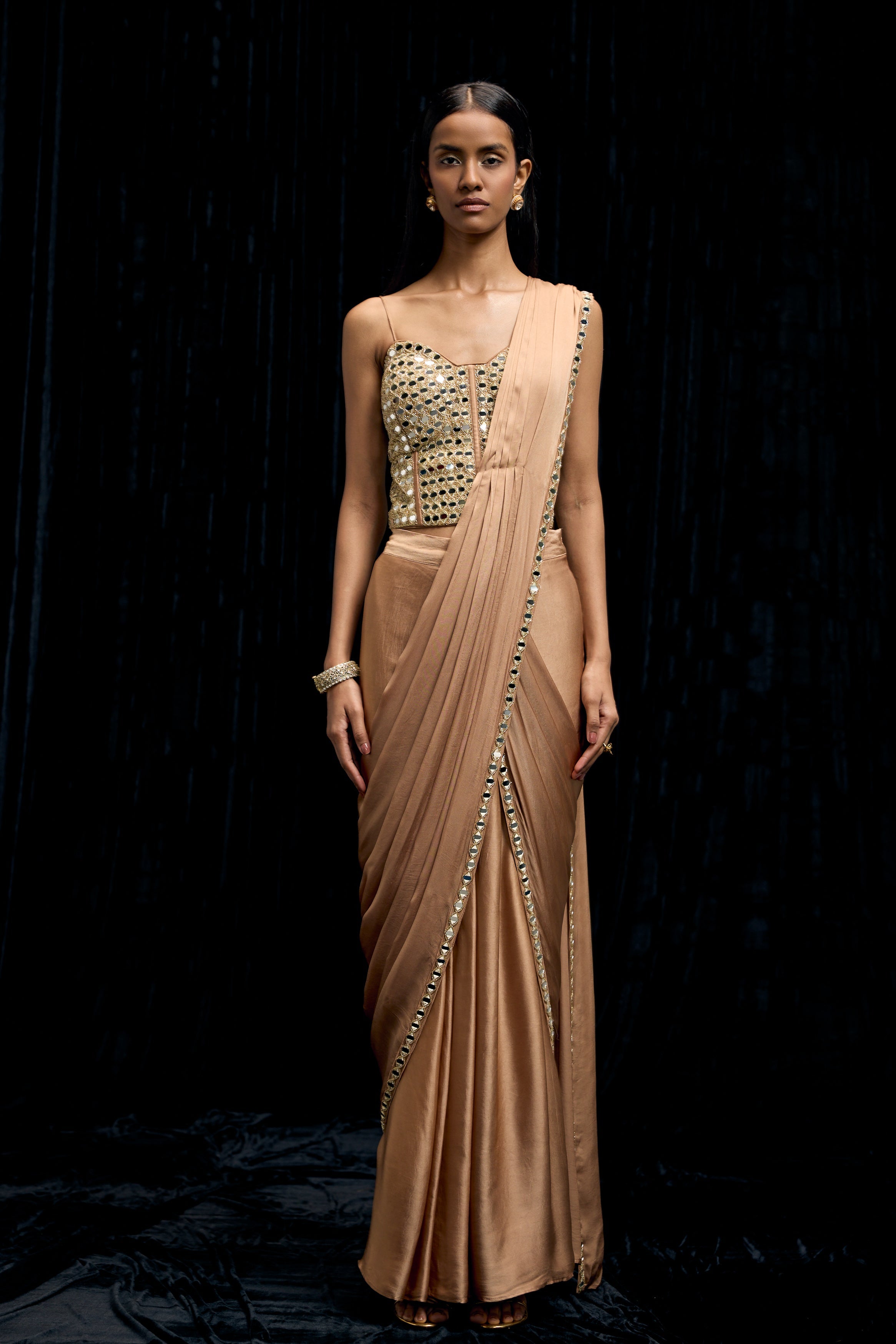 Champagne Gold Embellished Satin Silk Draped Saree