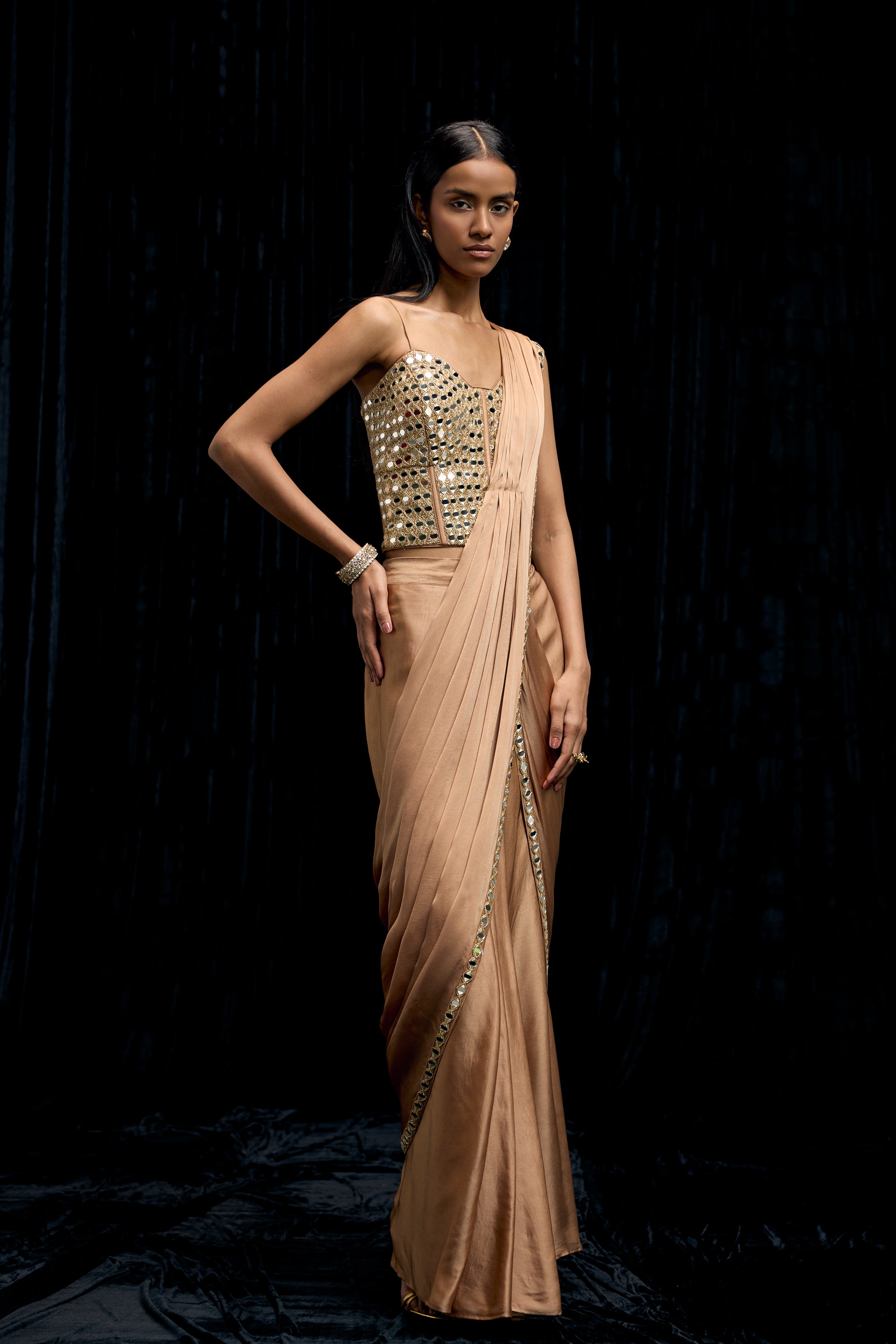 Champagne Gold Embellished Satin Silk Draped Saree
