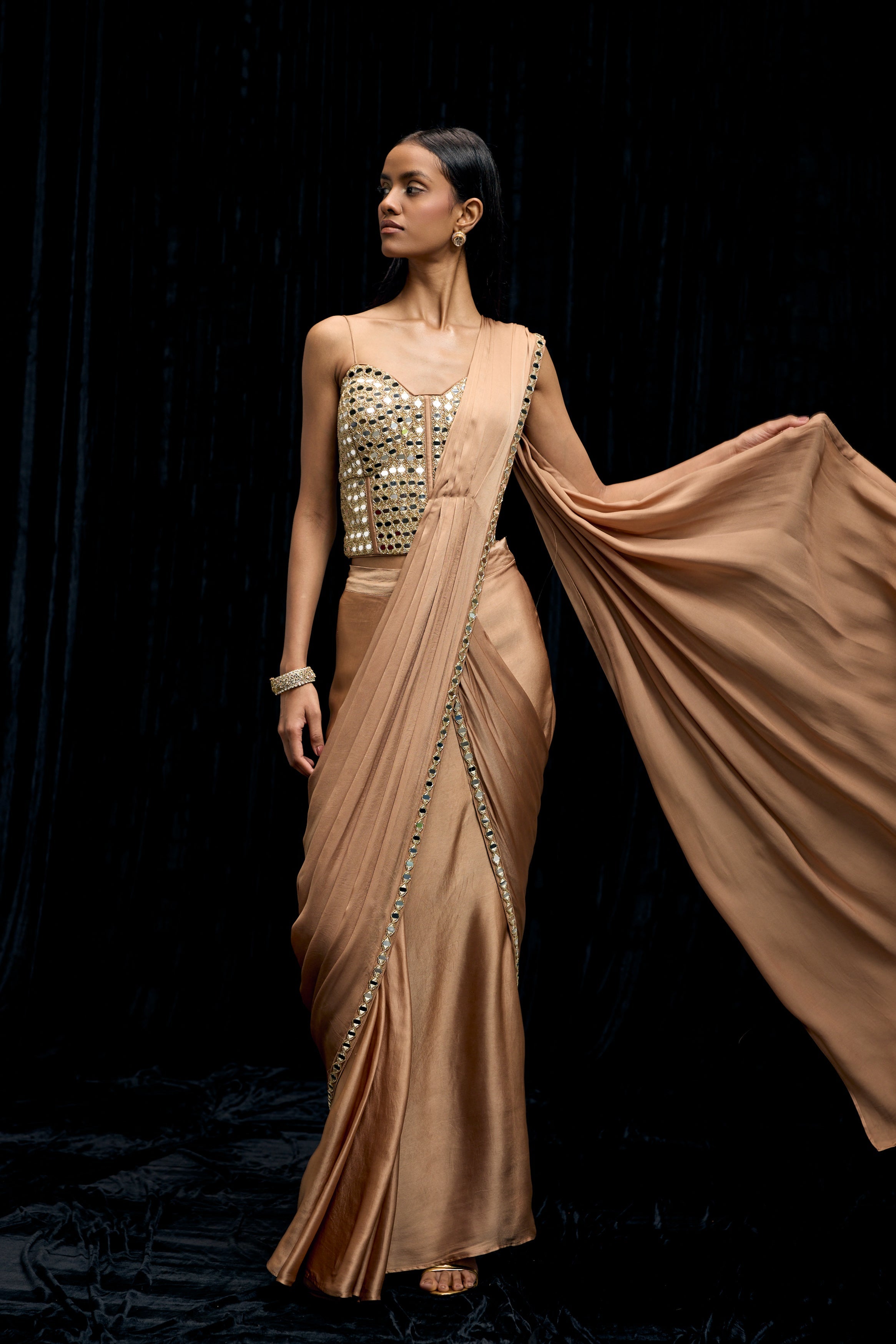 Champagne Gold Embellished Satin Silk Draped Saree