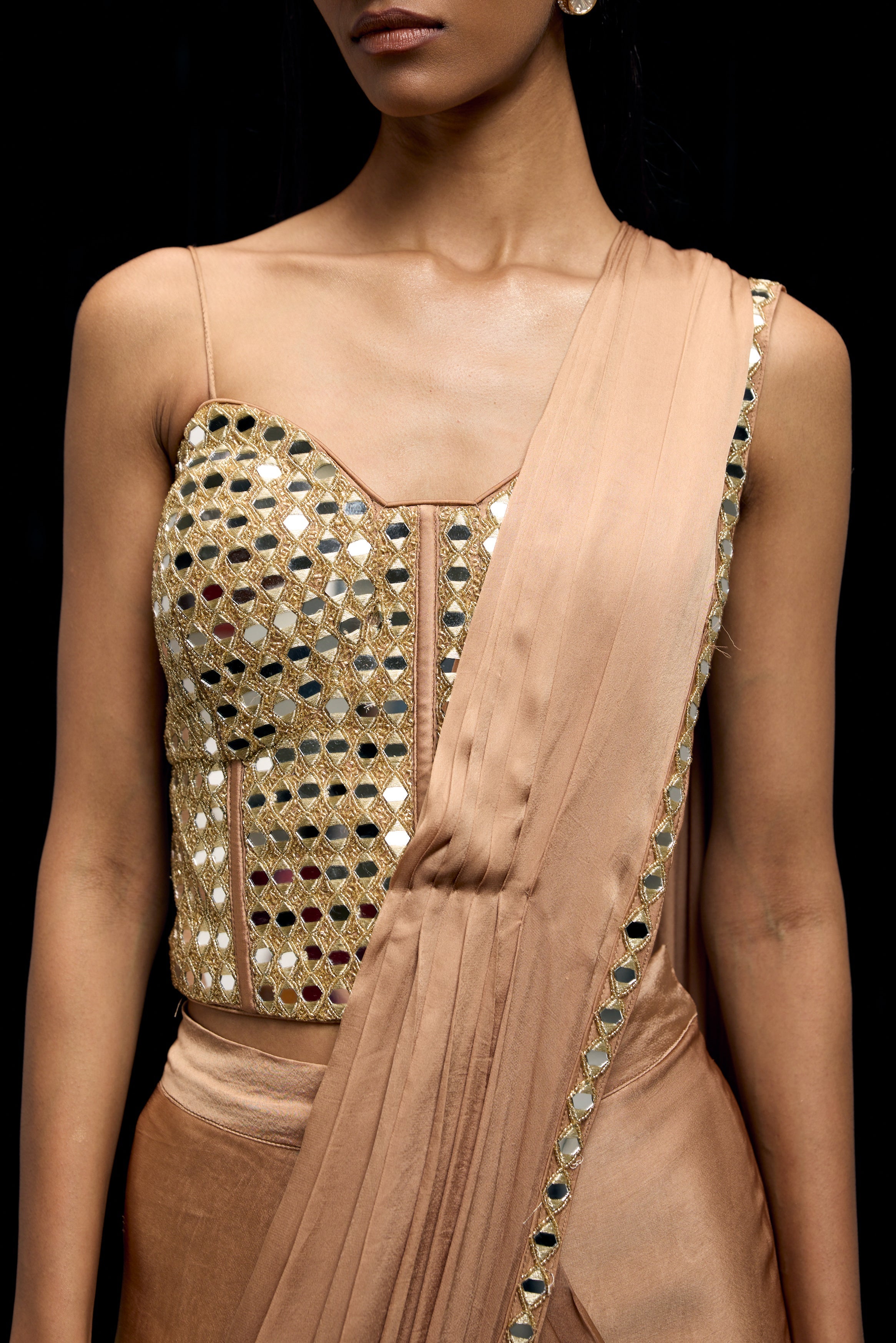 Champagne Gold Embellished Satin Silk Draped Saree