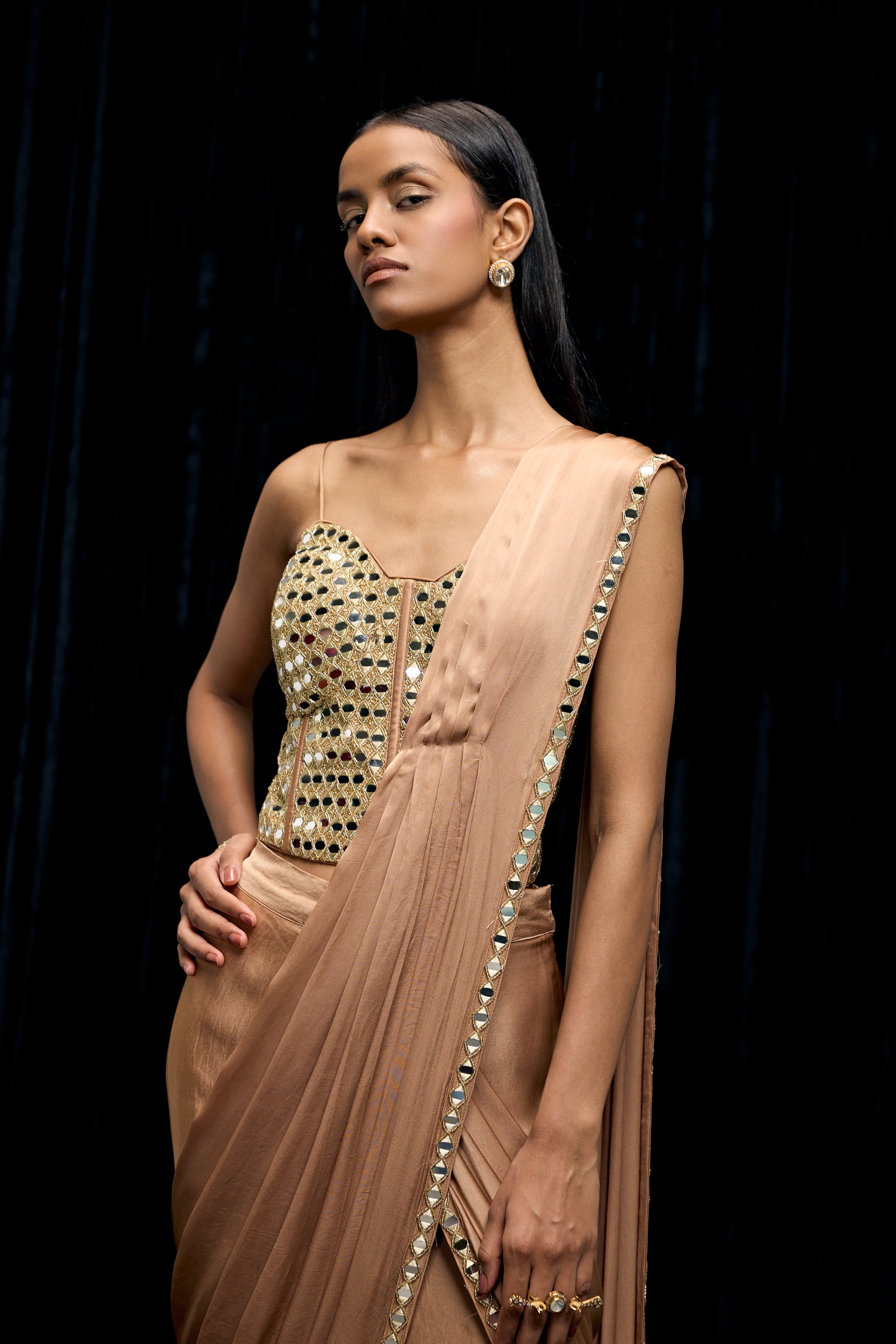 Champagne Gold Embellished Satin Silk Draped Saree