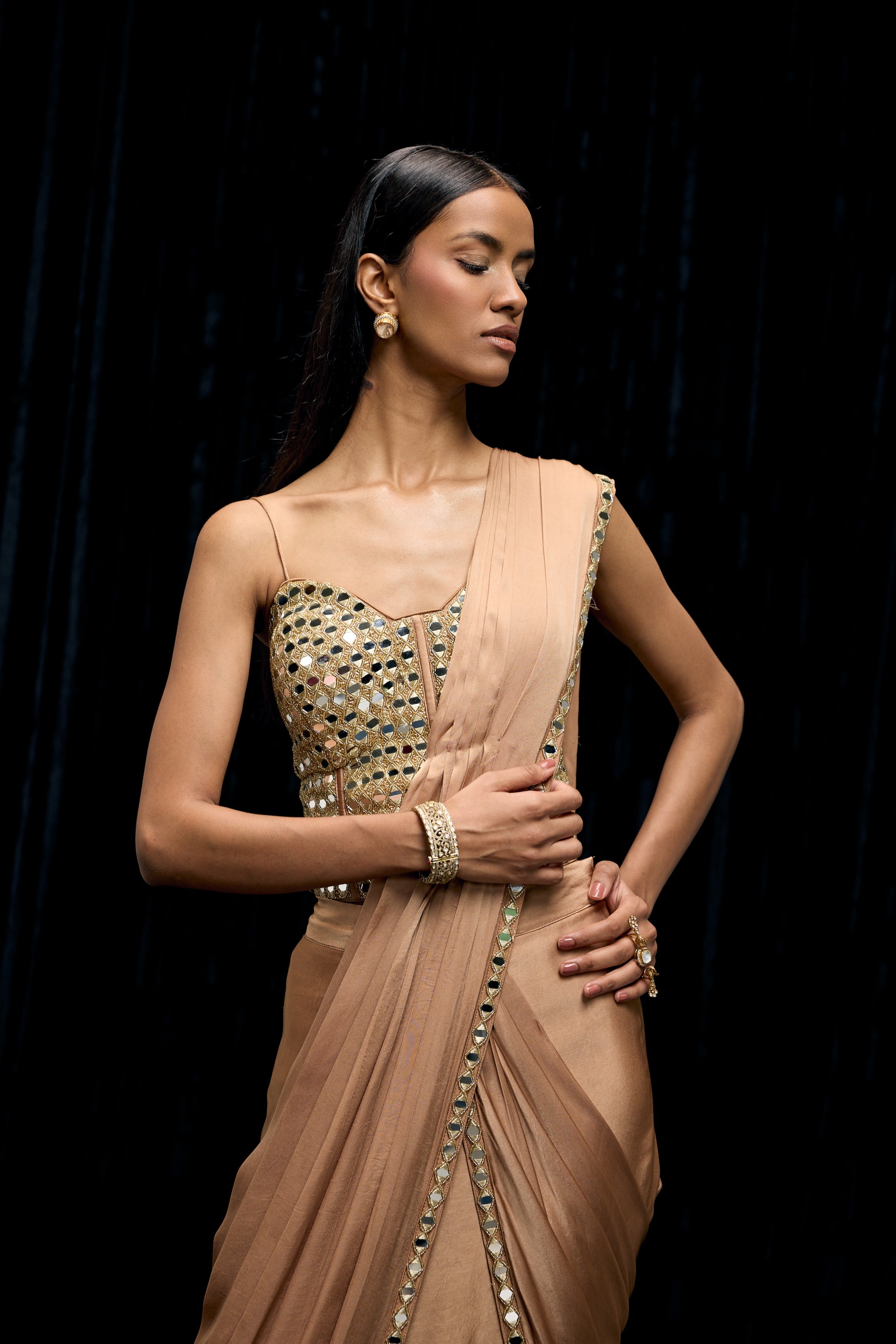 Champagne Gold Embellished Satin Silk Draped Saree