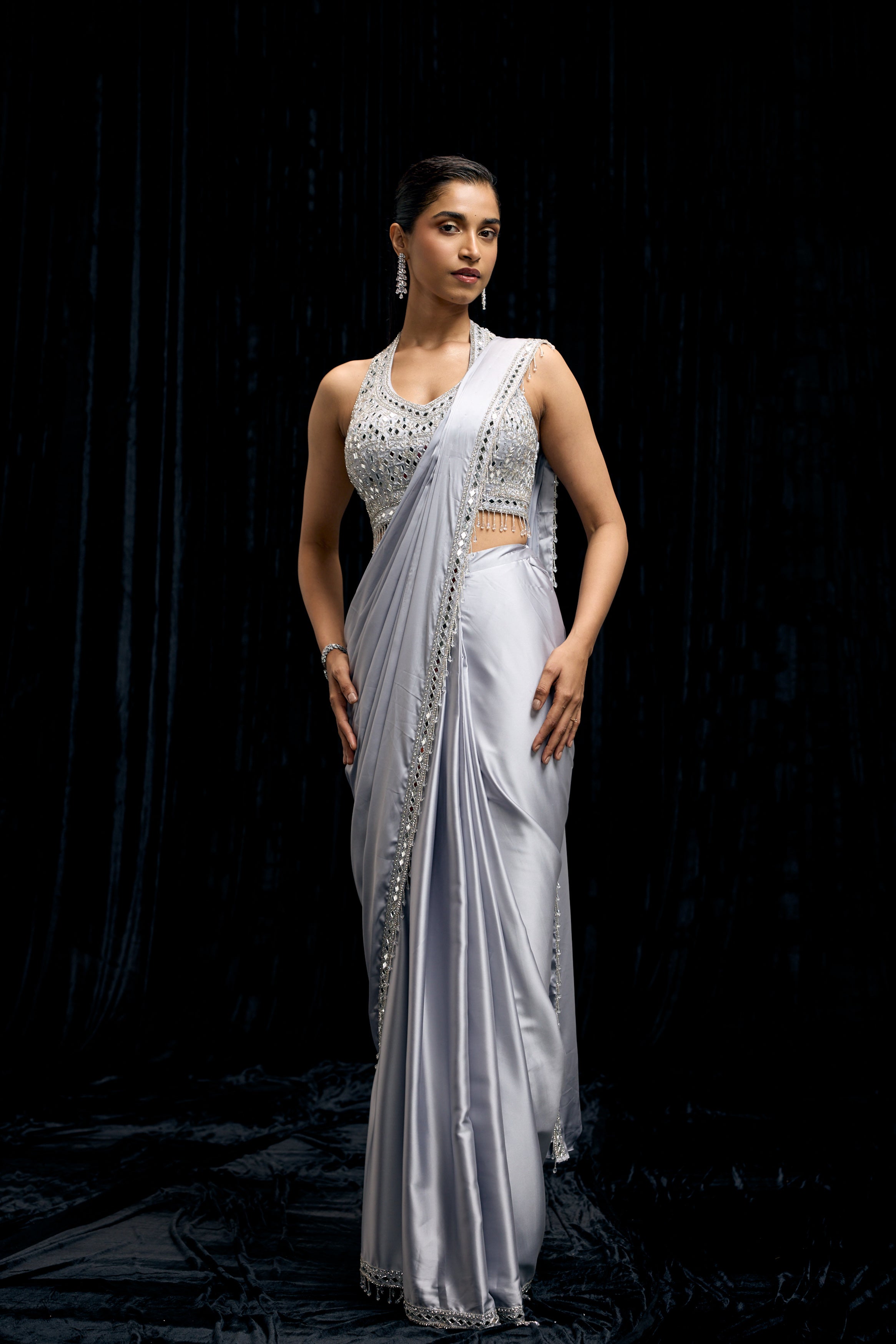 Icy Blue Embellished Satin Silk Draped Saree