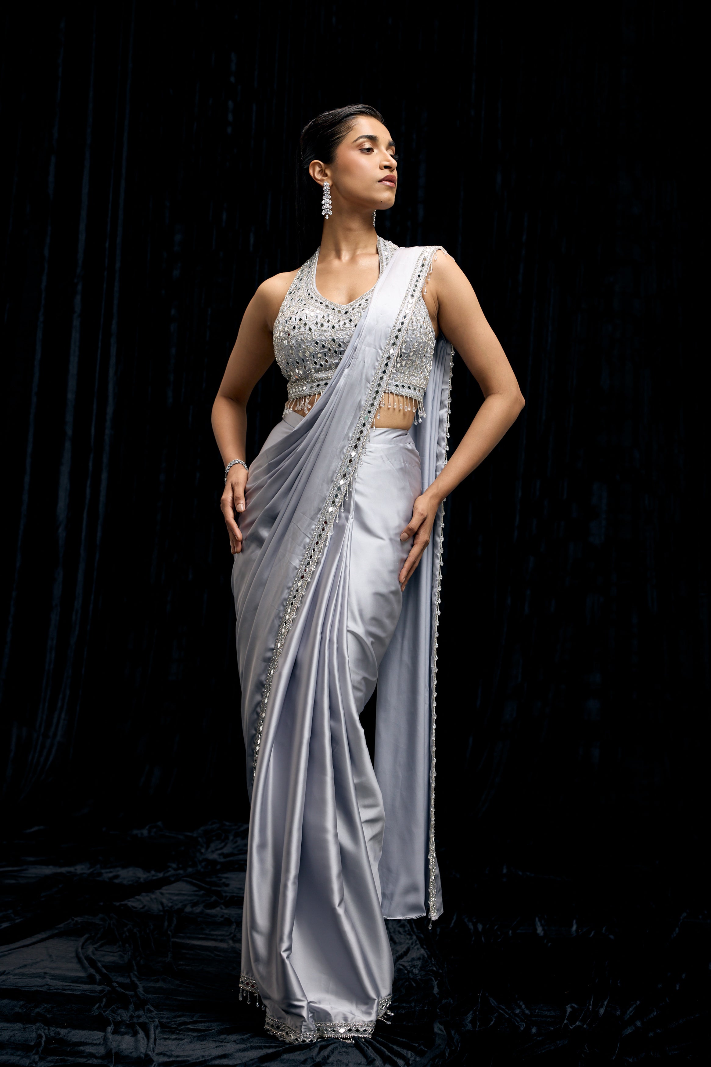 Icy Blue Embellished Satin Silk Draped Saree
