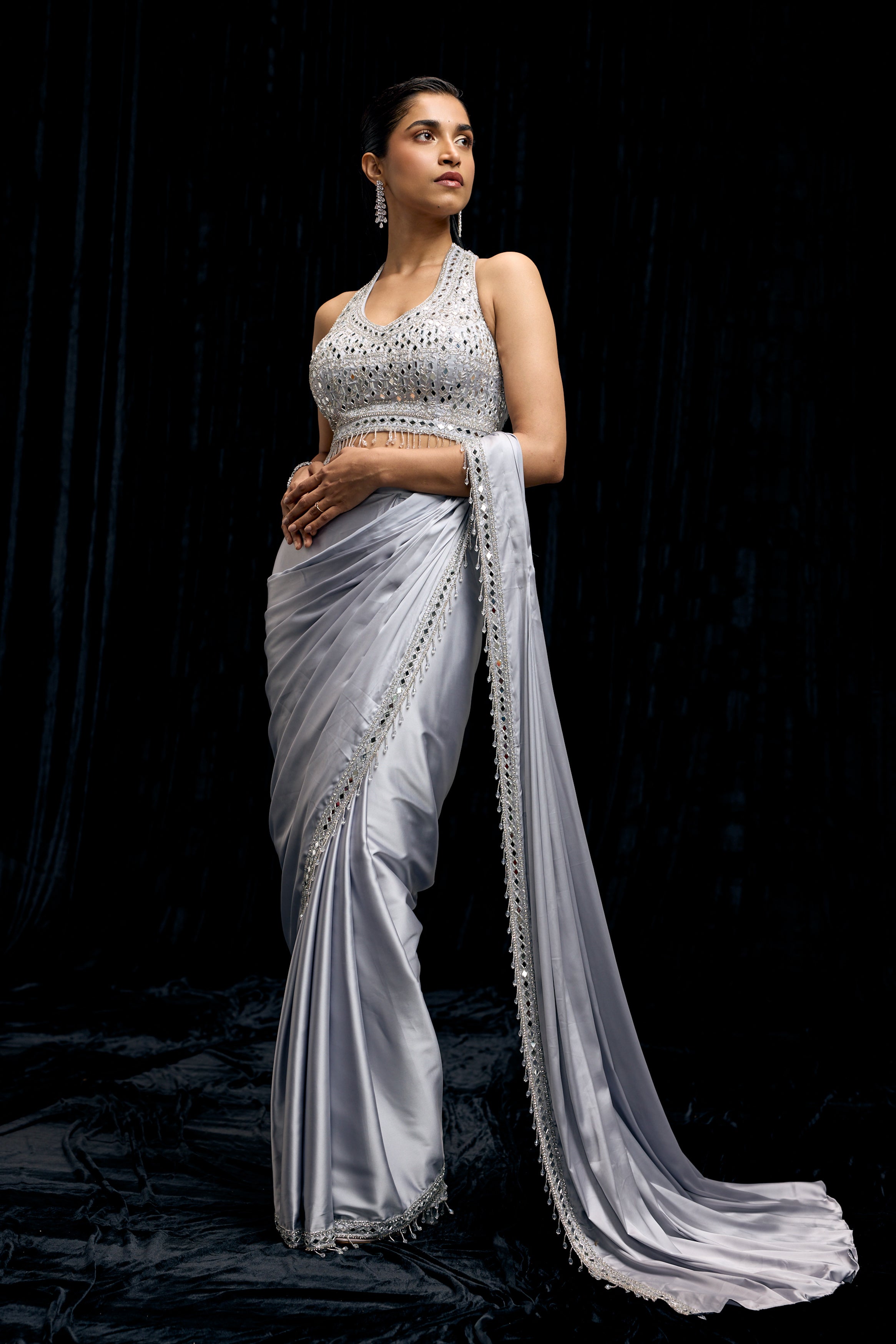 Icy Blue Embellished Satin Silk Draped Saree