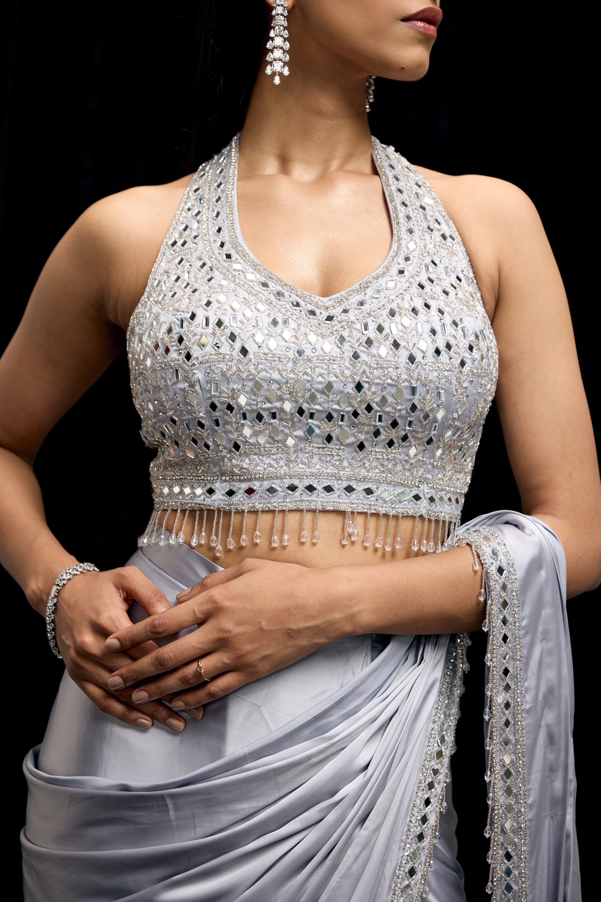 Icy Blue Embellished Satin Silk Draped Saree