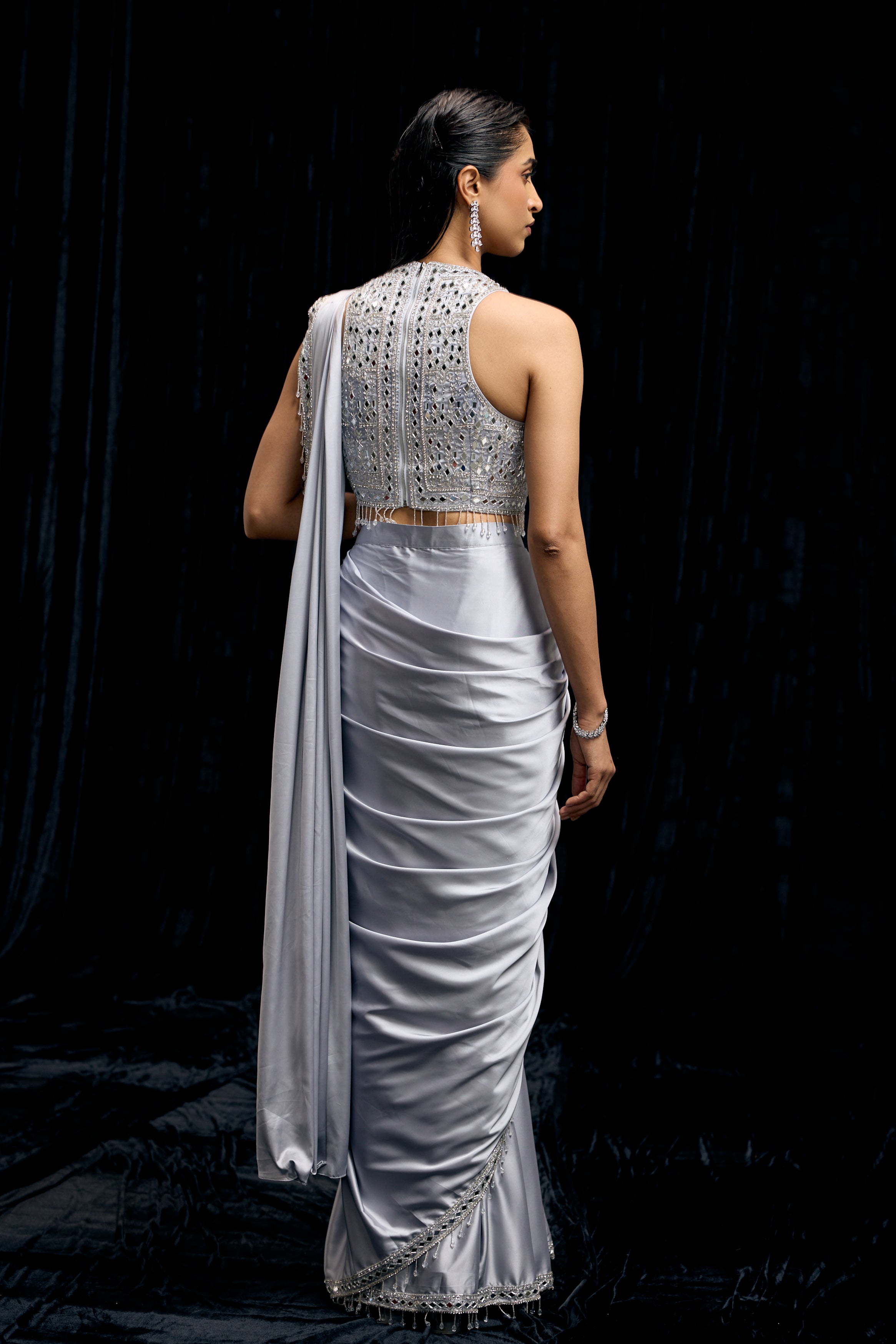Icy Blue Embellished Satin Silk Draped Saree