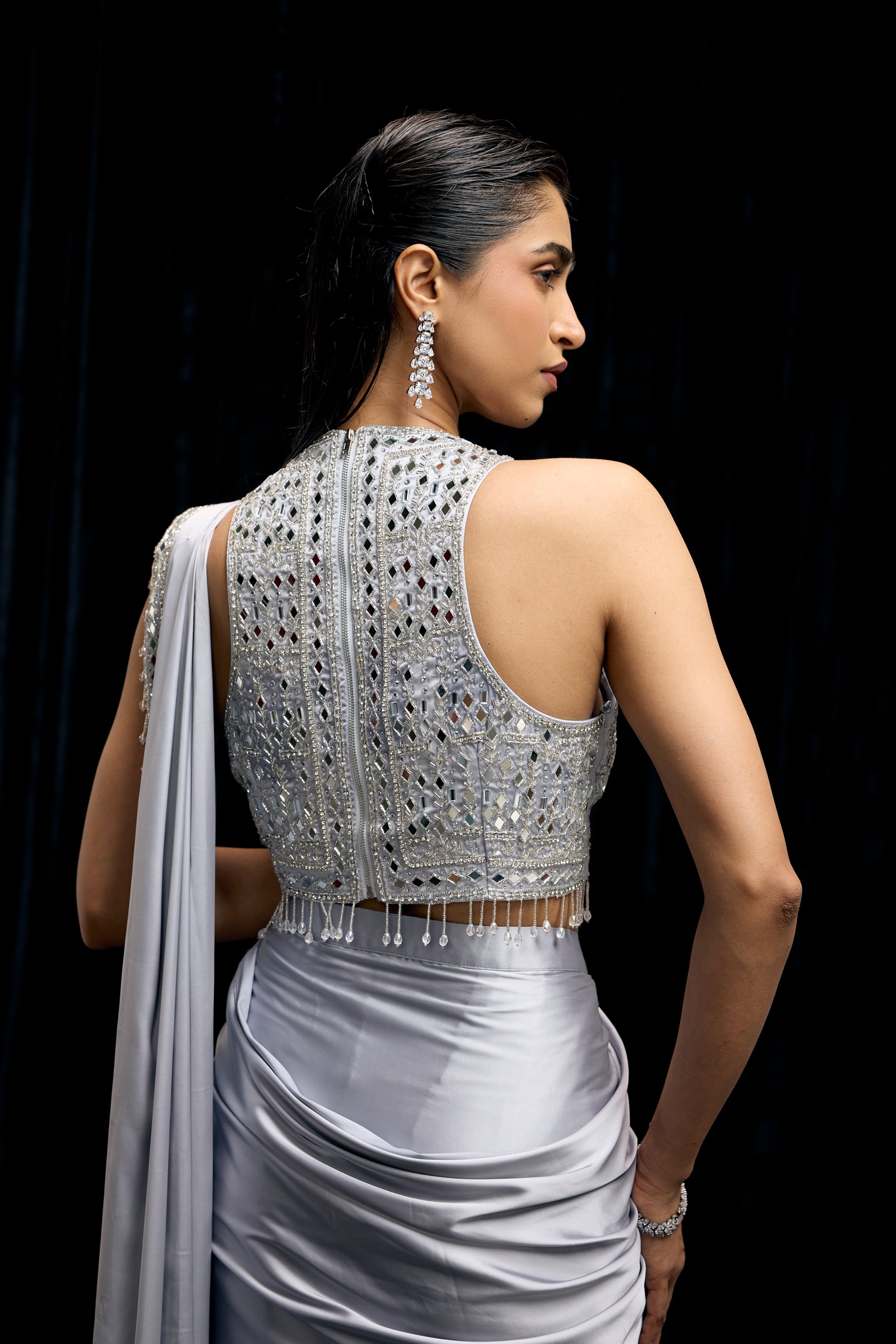 Icy Blue Embellished Satin Silk Draped Saree