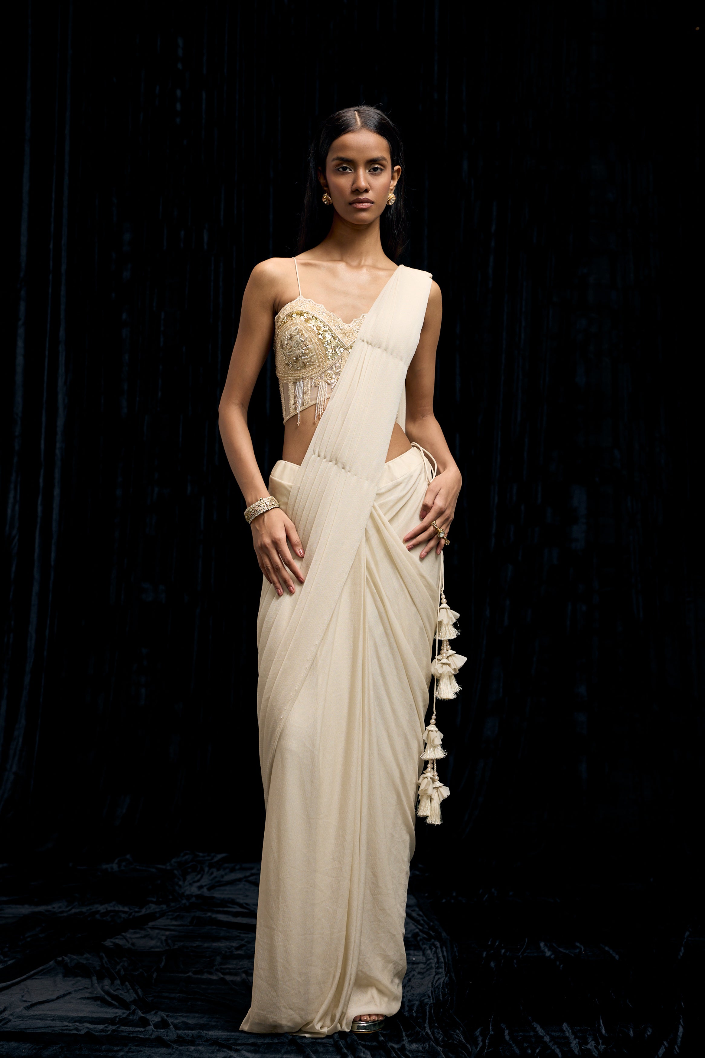 Ivory White Embellished Spandex Lycra Drape Saree