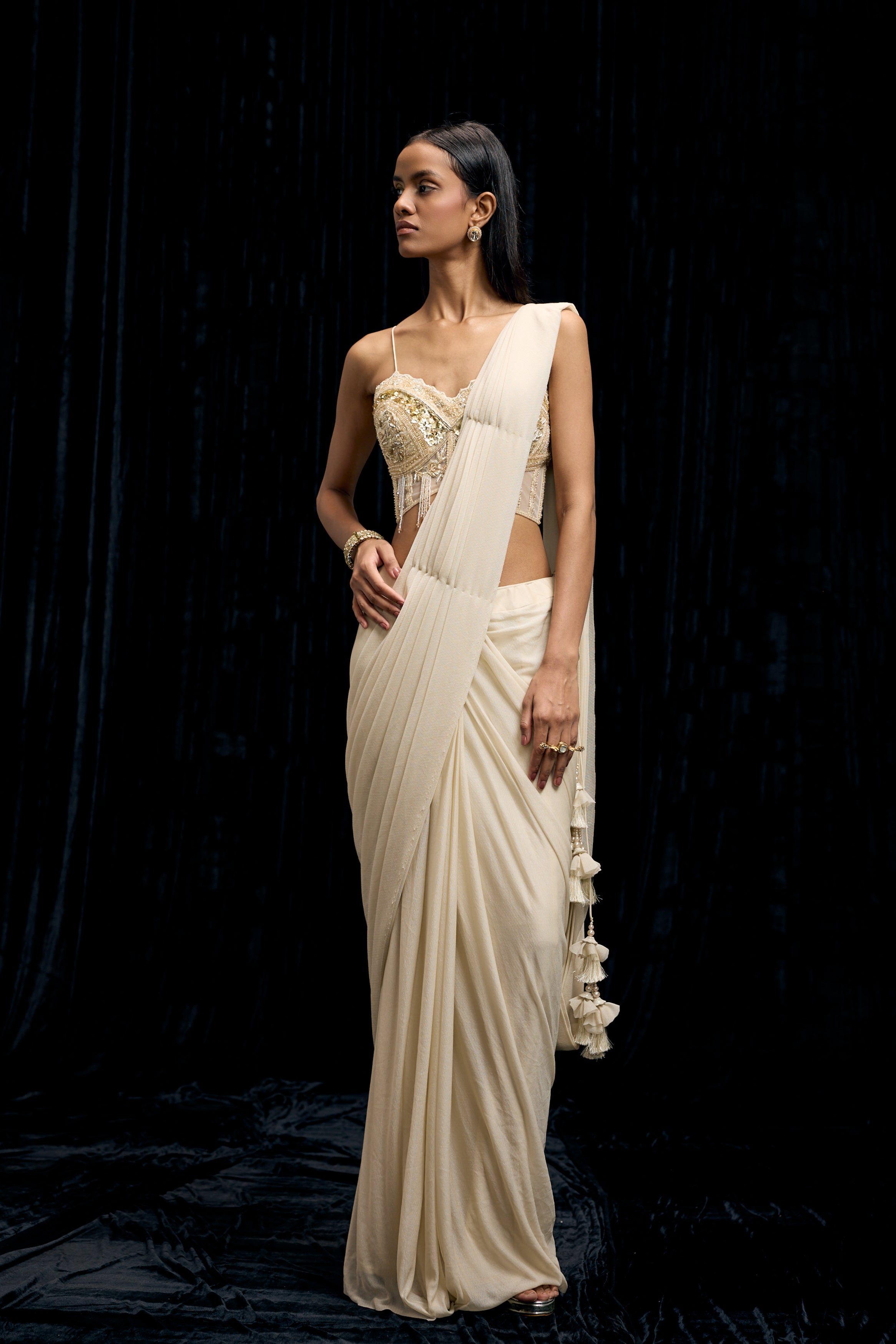 Ivory White Embellished Spandex Lycra Drape Saree