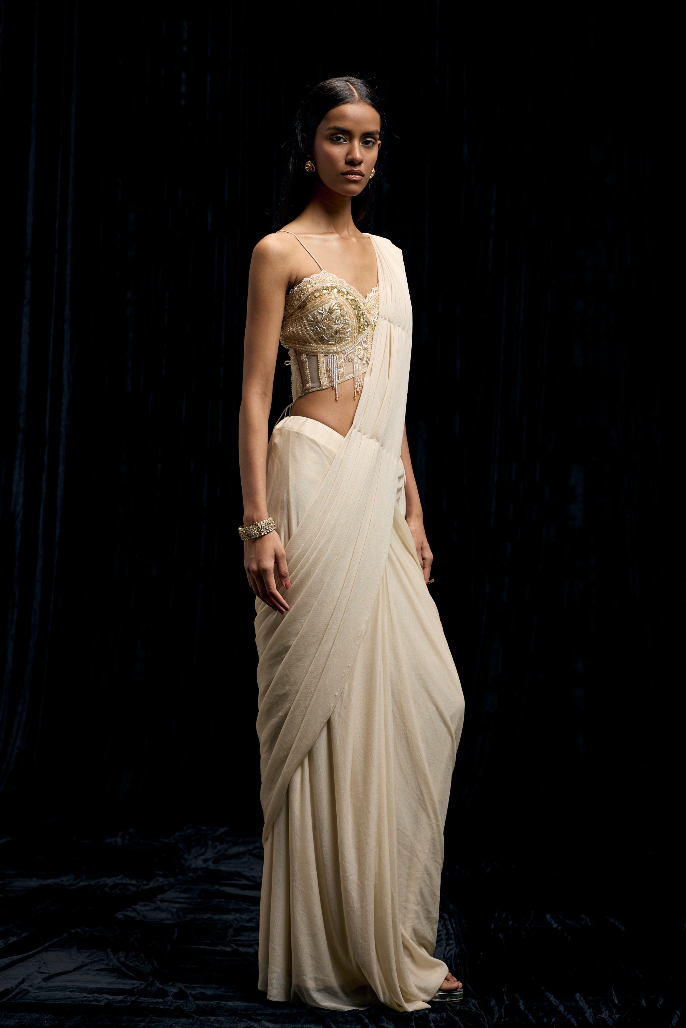 Ivory White Embellished Spandex Lycra Drape Saree