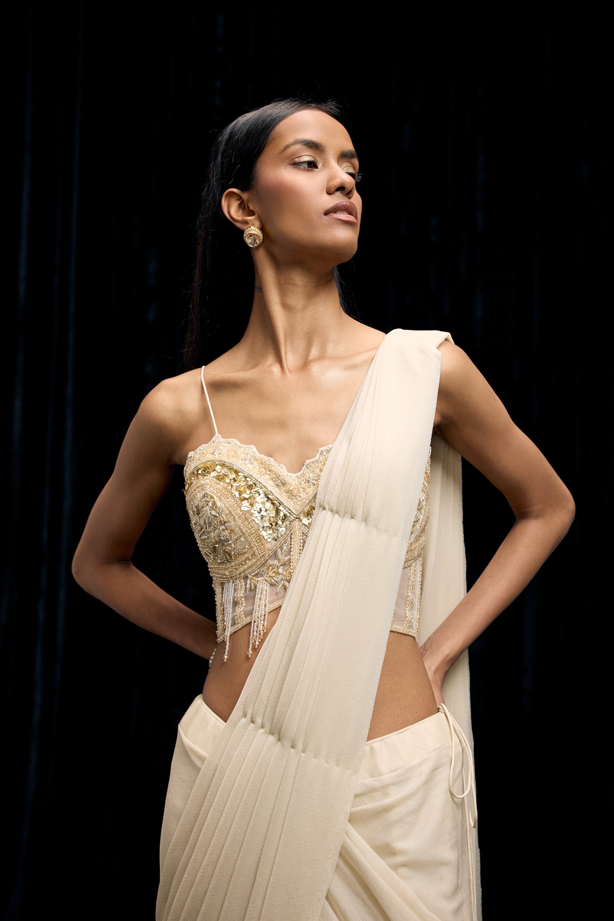 Ivory White Embellished Spandex Lycra Drape Saree