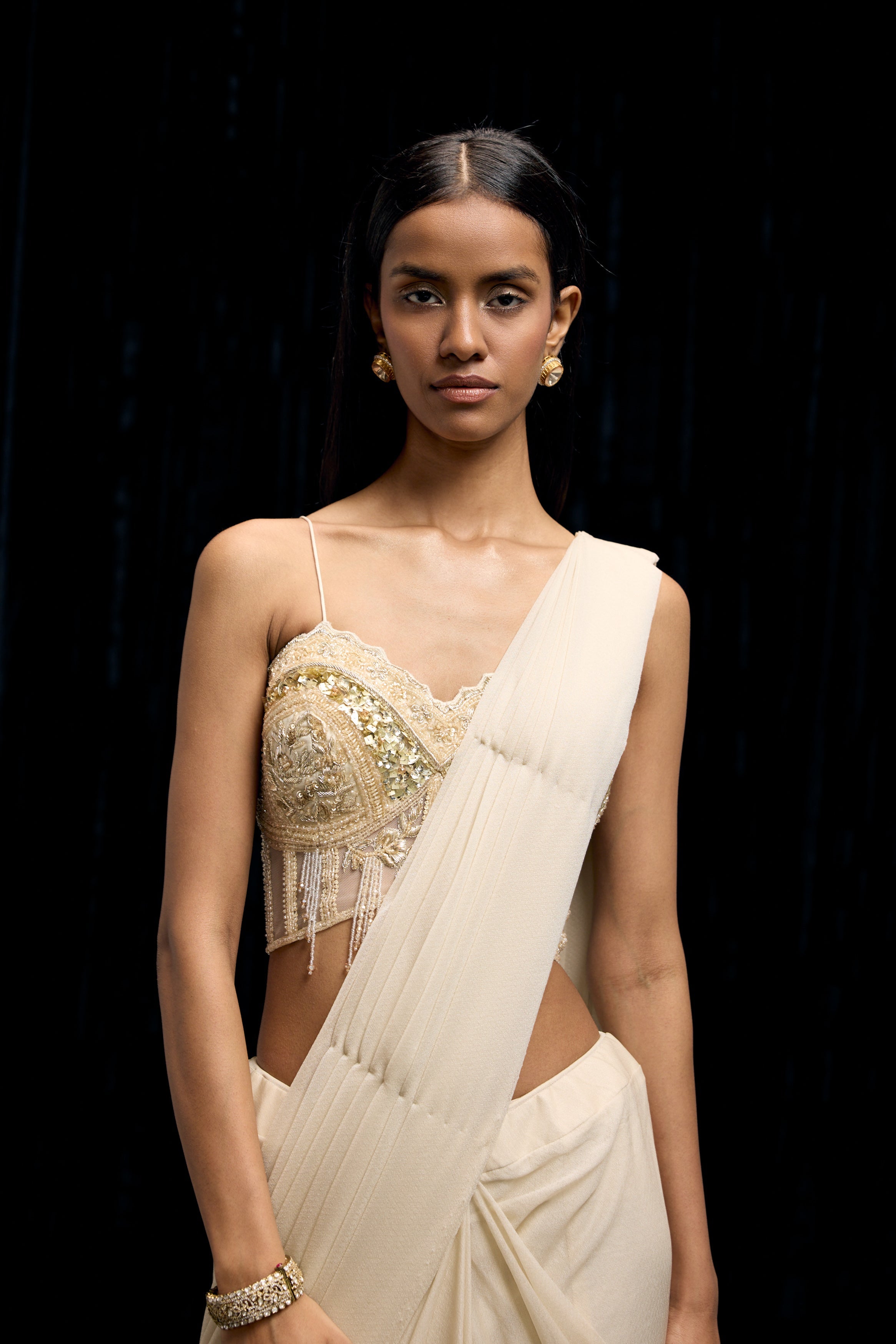 Ivory White Embellished Spandex Lycra Drape Saree