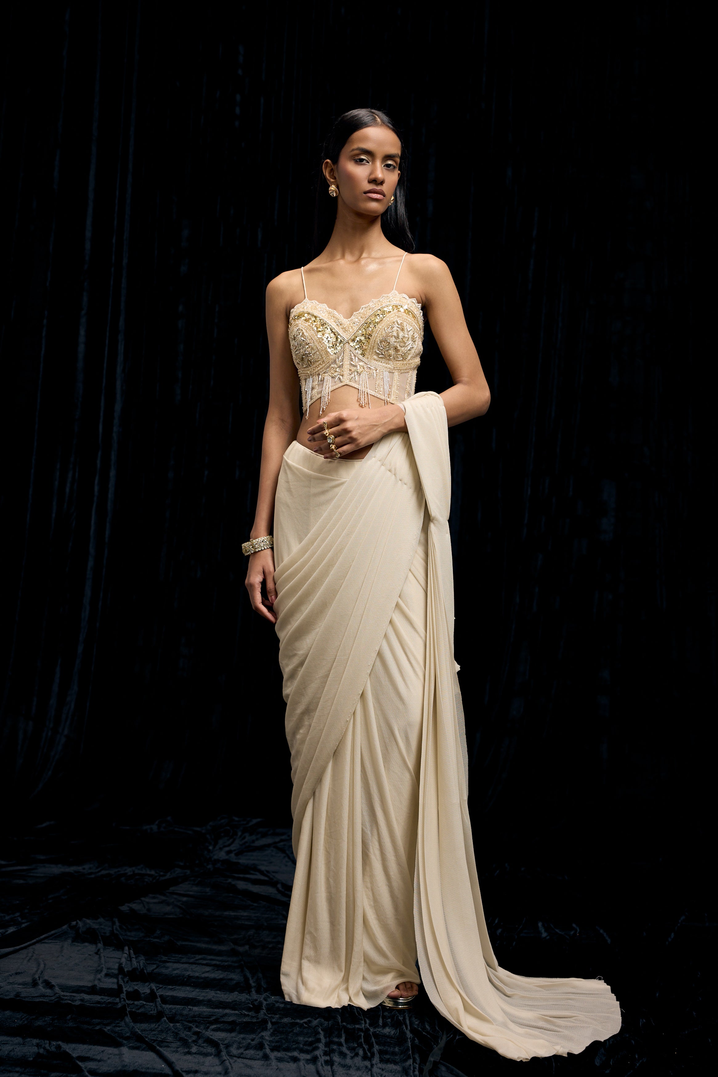 Ivory White Embellished Spandex Lycra Drape Saree