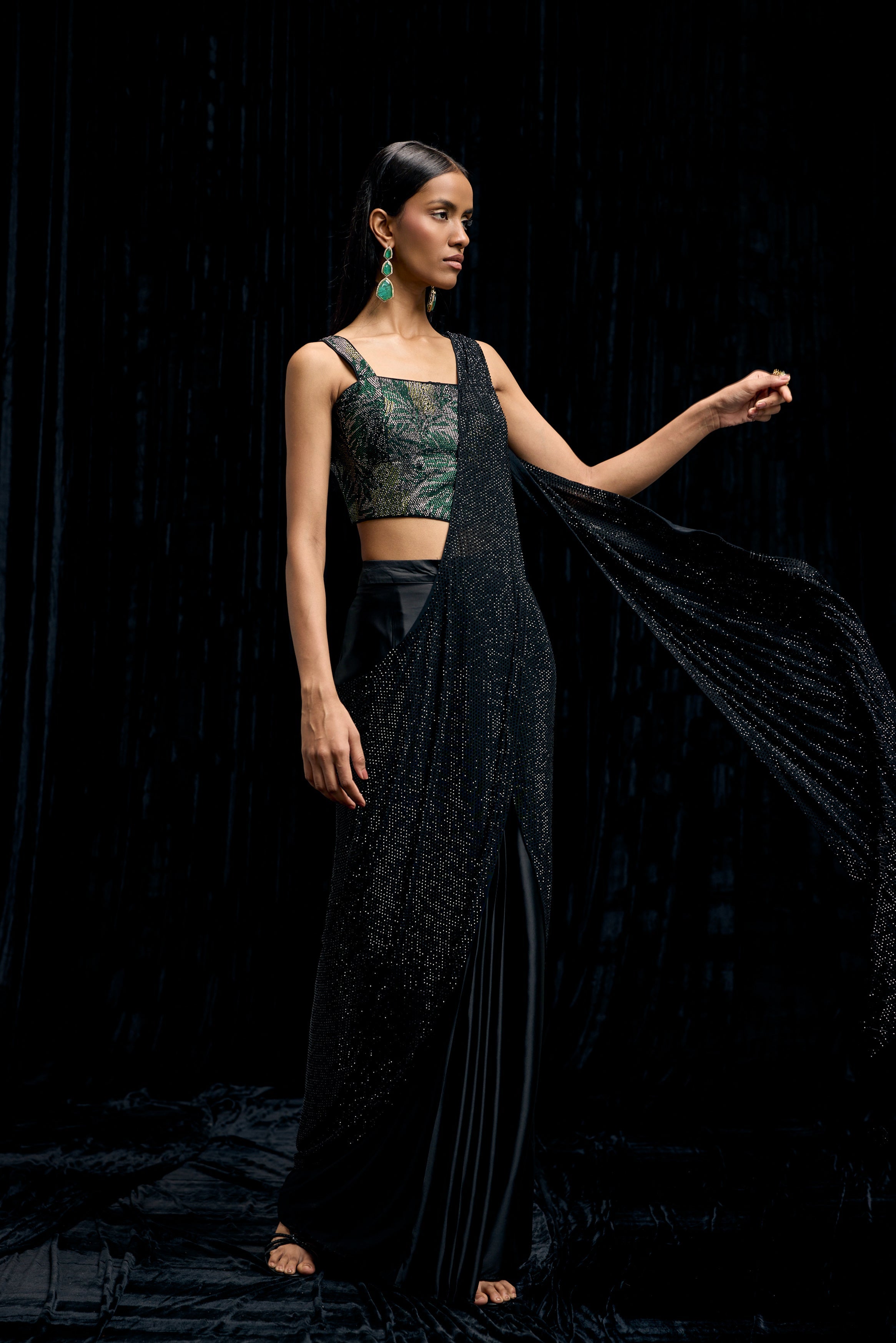 Rich Black Embellished Satin Silk Drape Saree