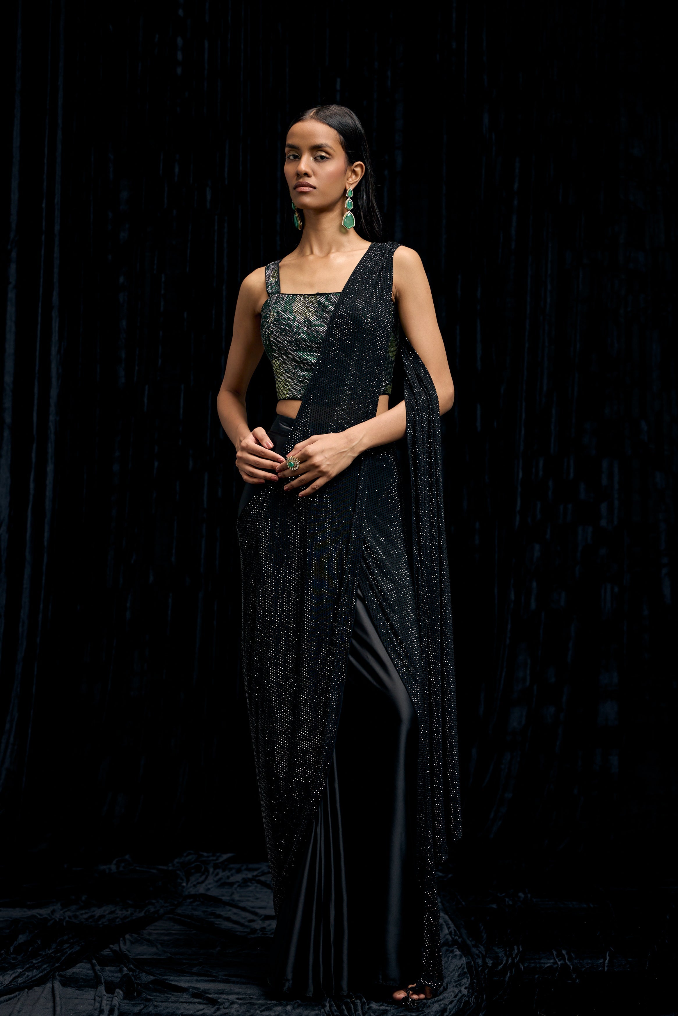 Rich Black Embellished Satin Silk Drape Saree
