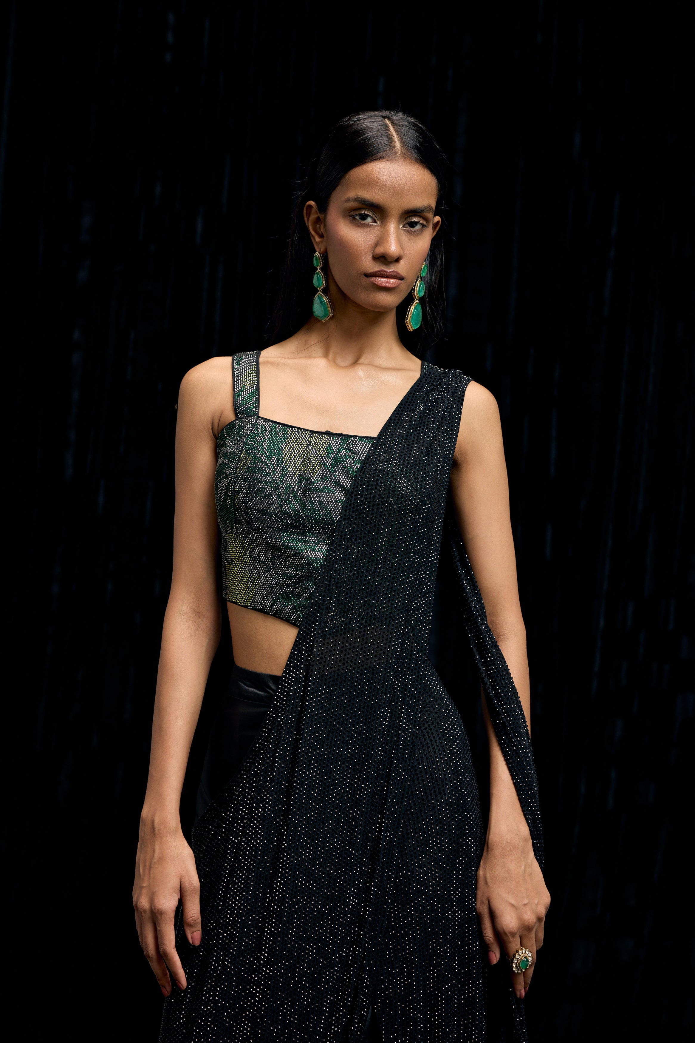 Rich Black Embellished Satin Silk Drape Saree