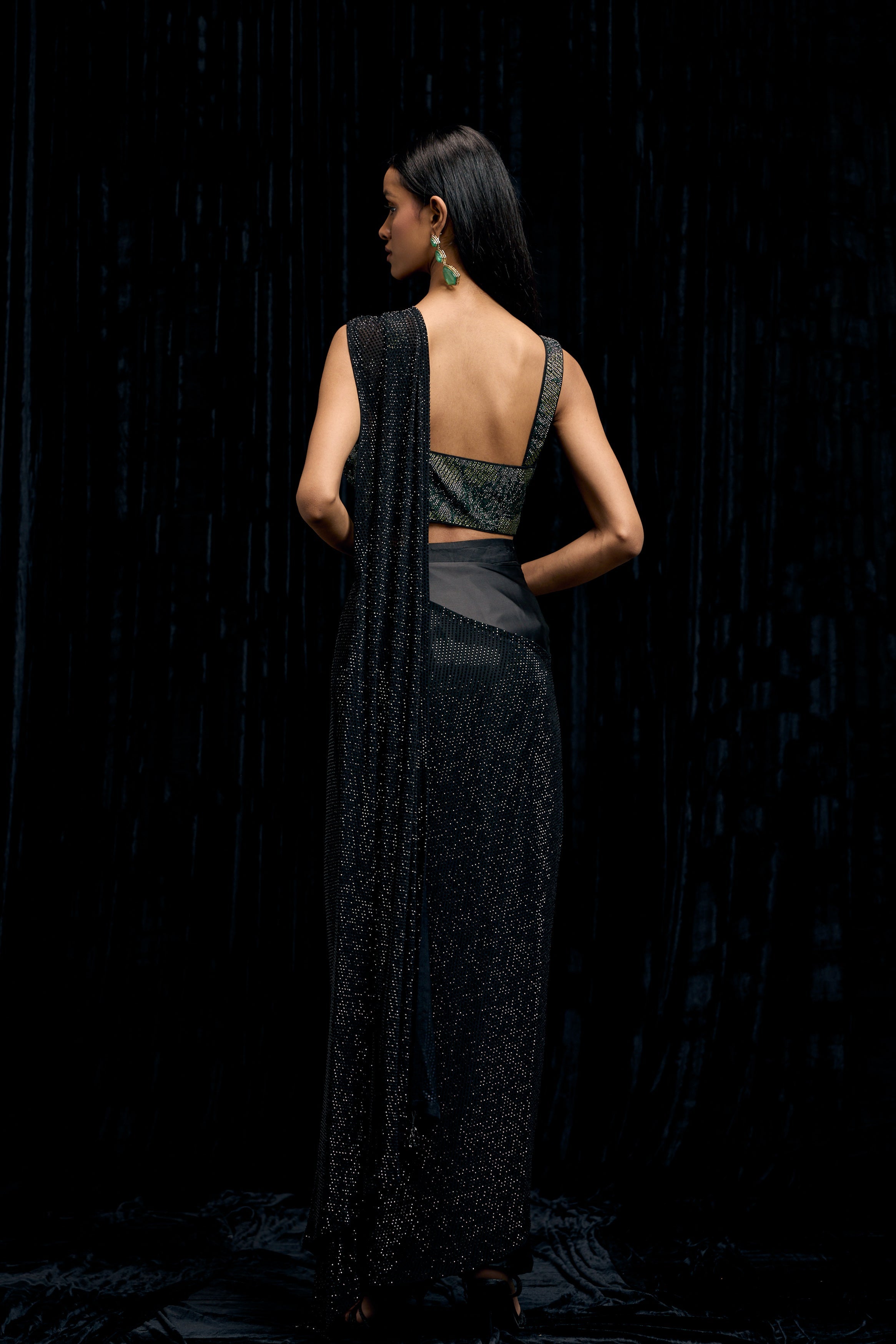 Rich Black Embellished Satin Silk Drape Saree