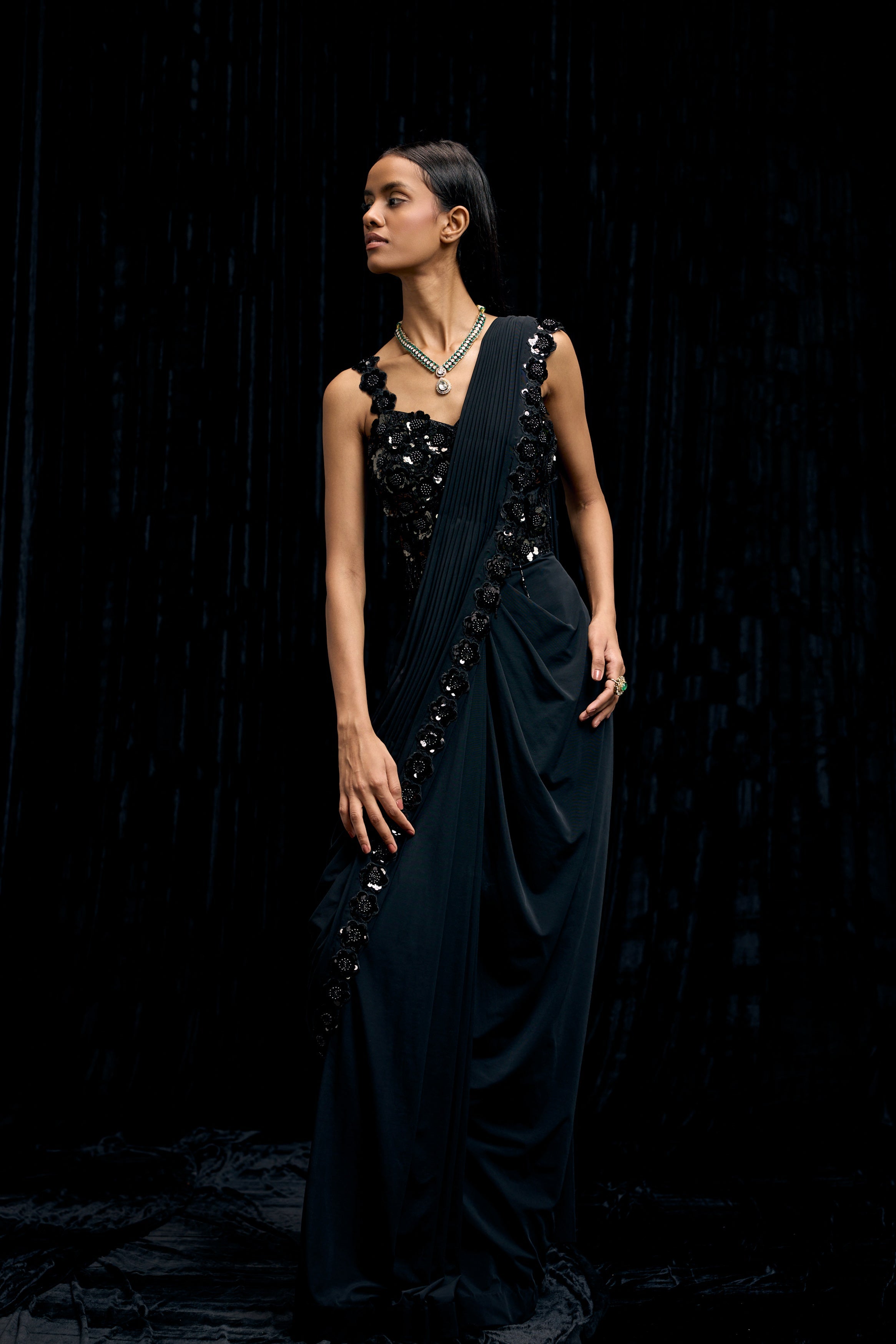 Obsidian Black Embellished Premium Lycra Gown