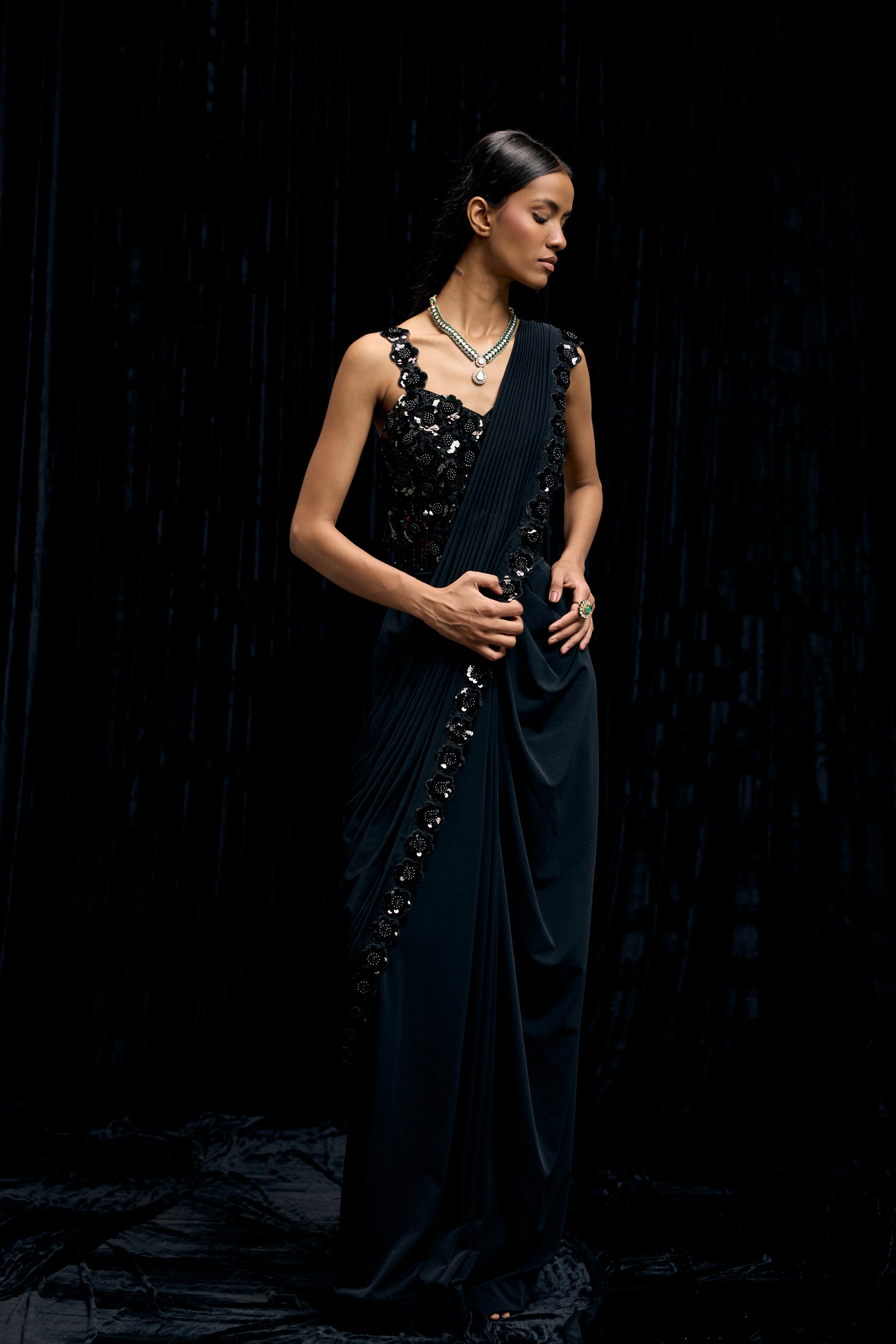 Obsidian Black Embellished Premium Lycra Gown