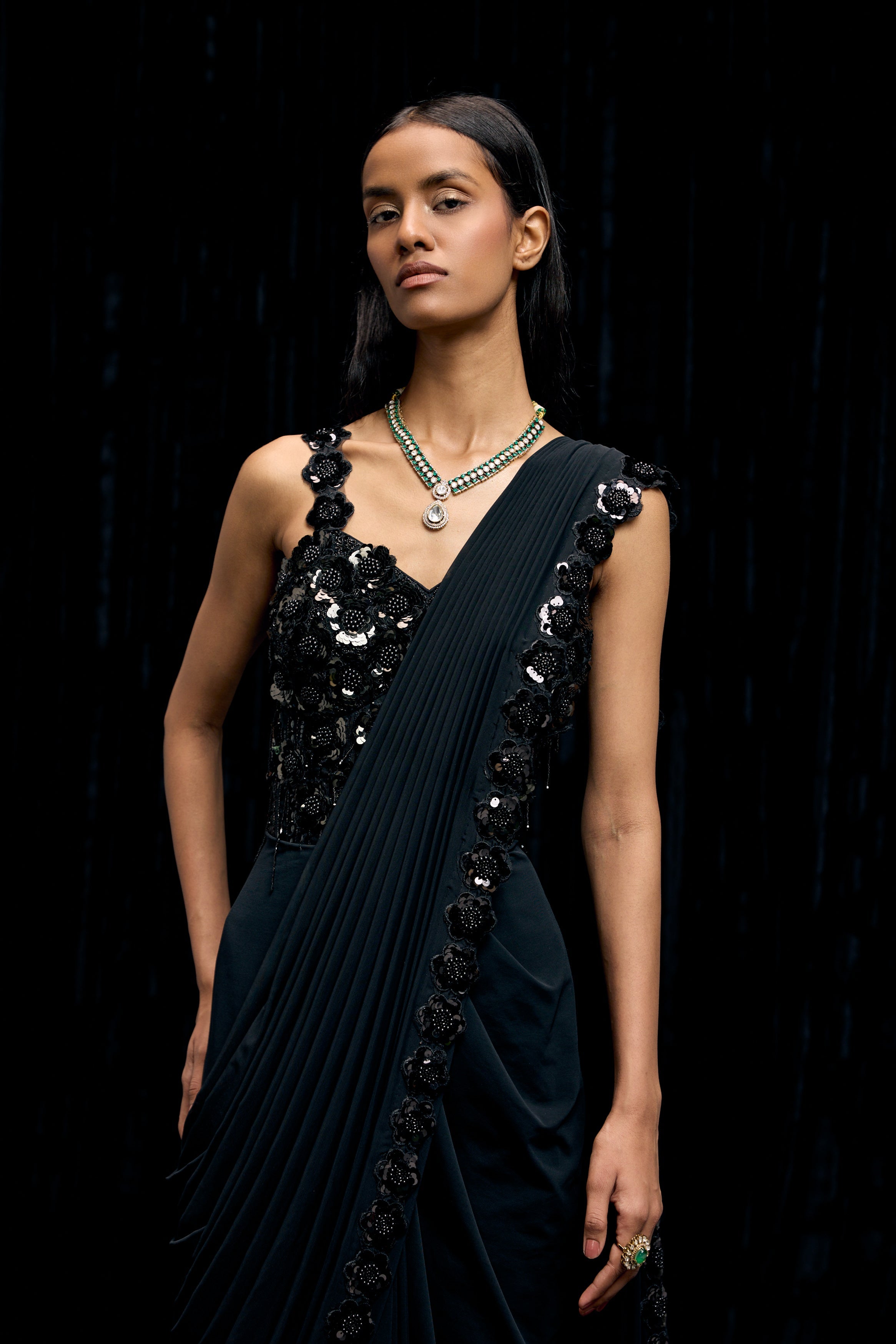Obsidian Black Embellished Premium Lycra Gown