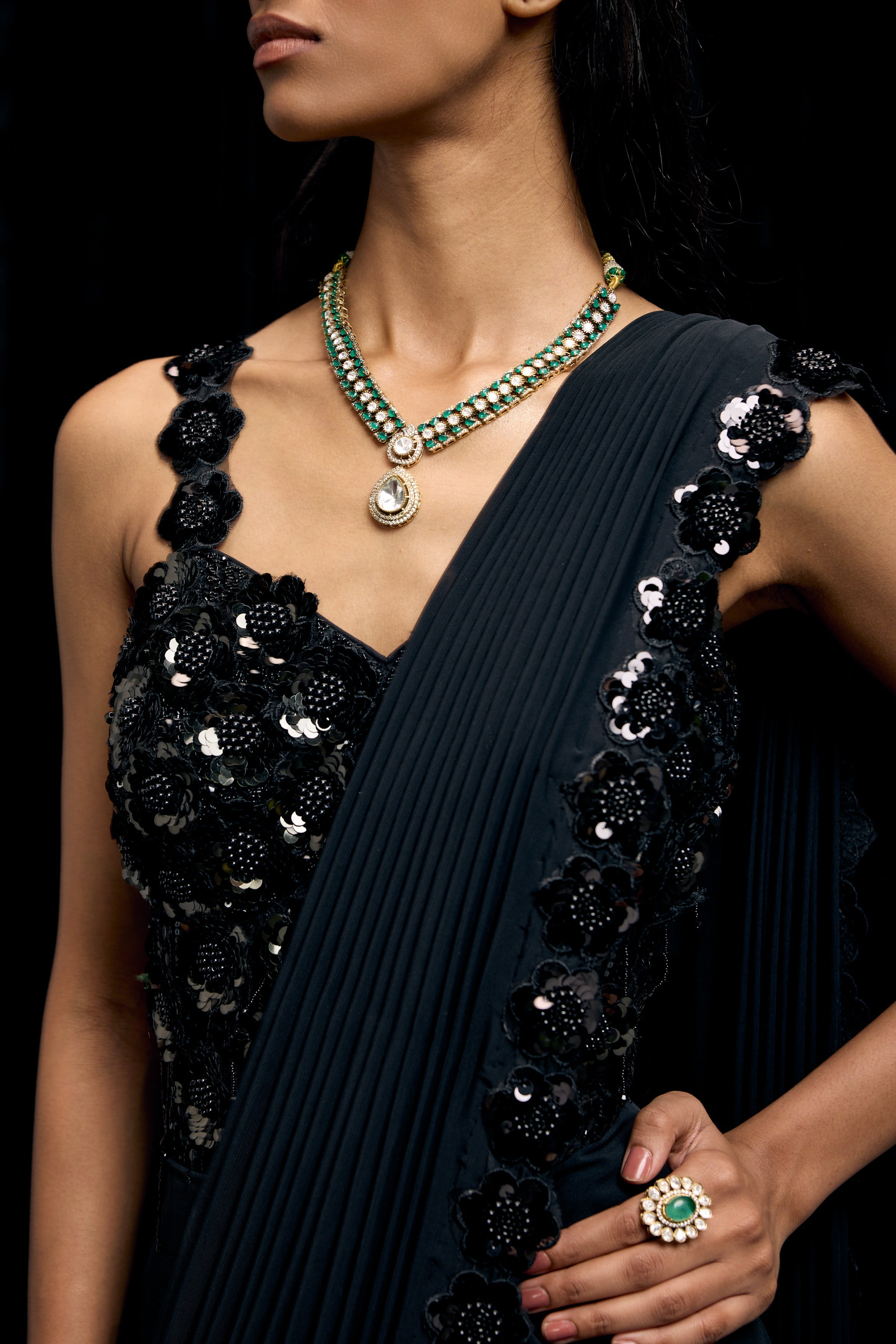 Obsidian Black Embellished Premium Lycra Gown