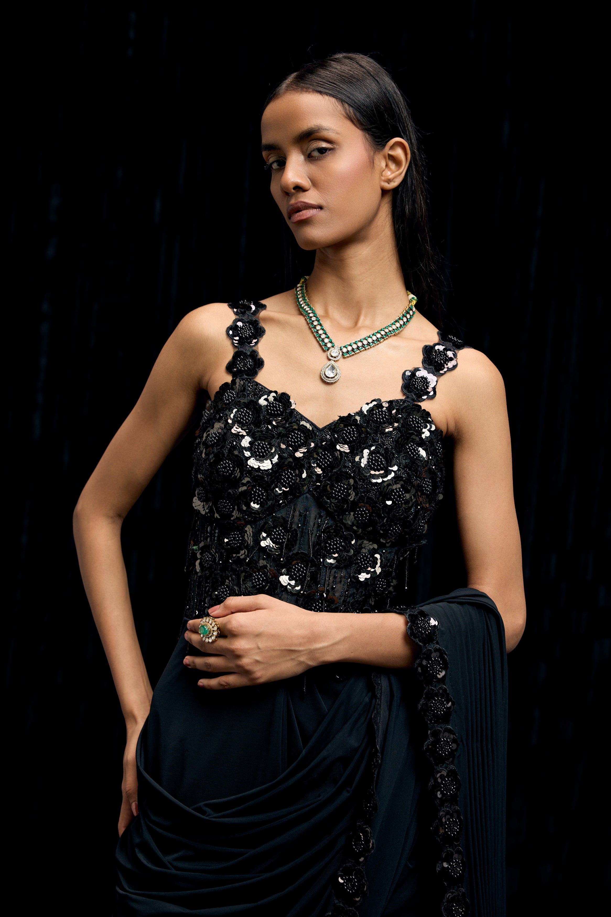 Obsidian Black Embellished Premium Lycra Gown