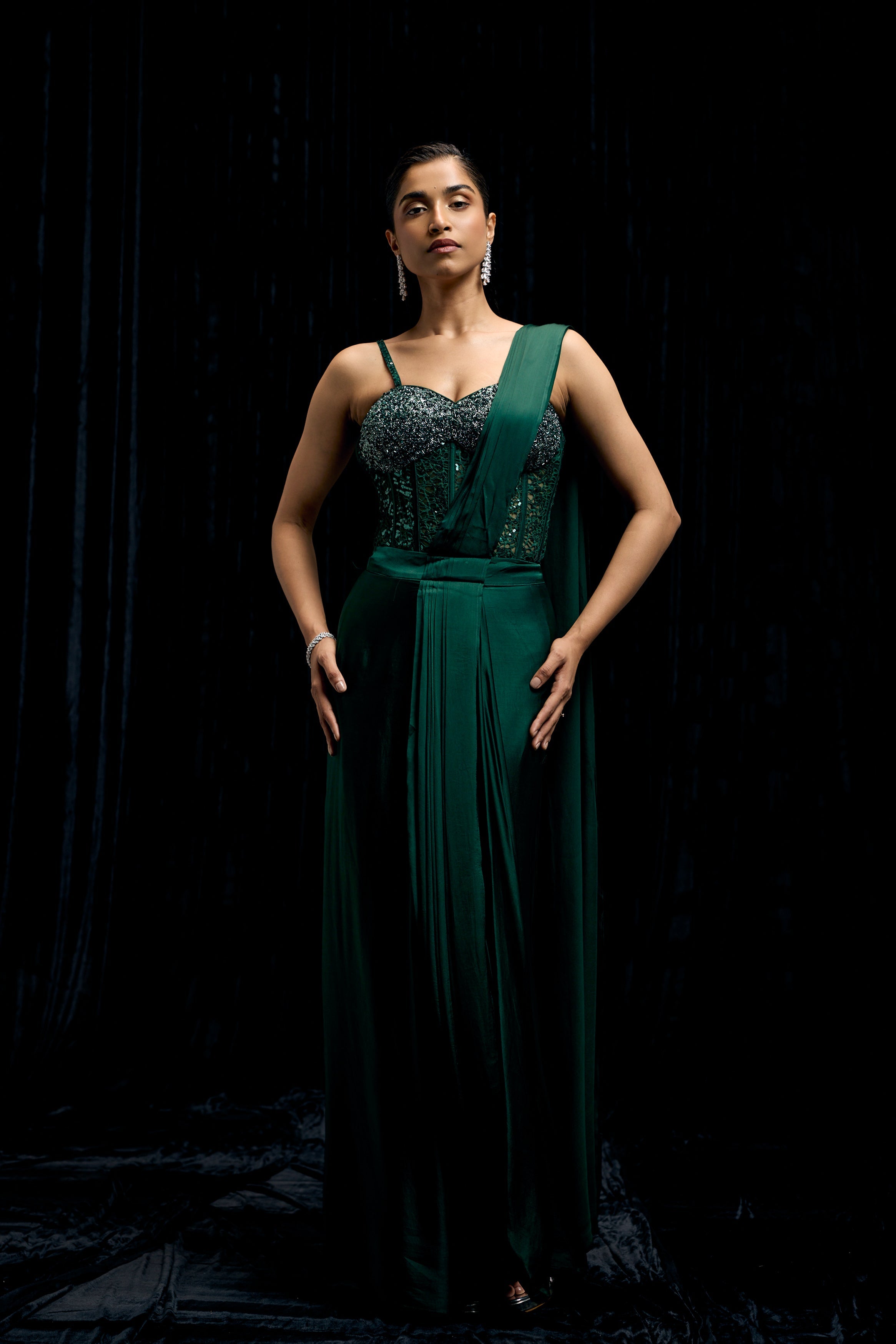 Emerald Green Embellished Satin Silk Draped Saree