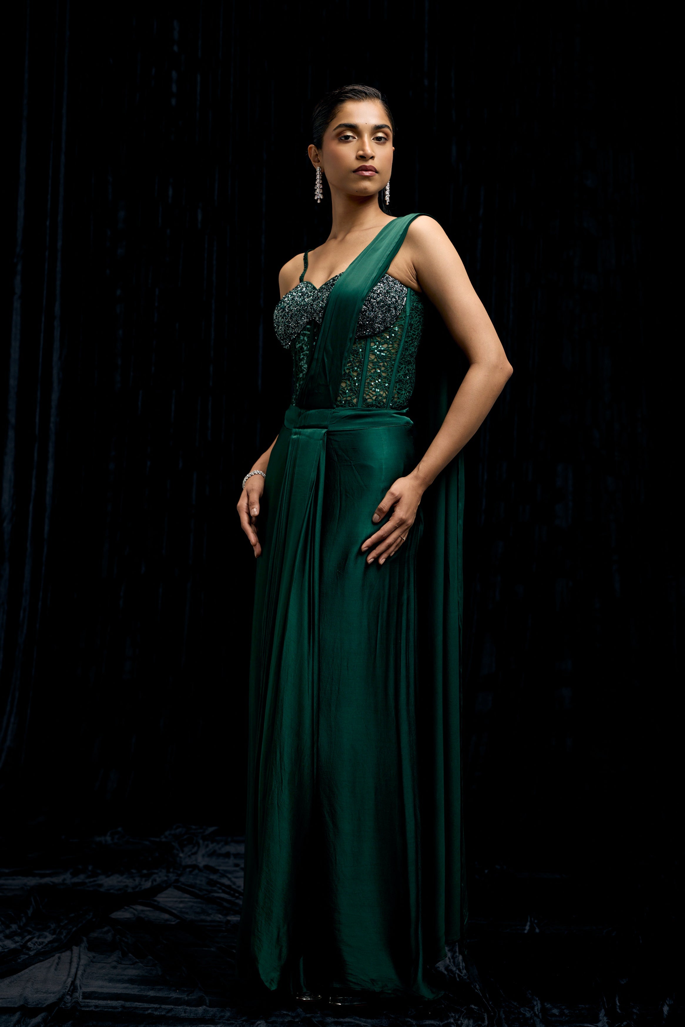 Emerald Green Embellished Satin Silk Draped Saree