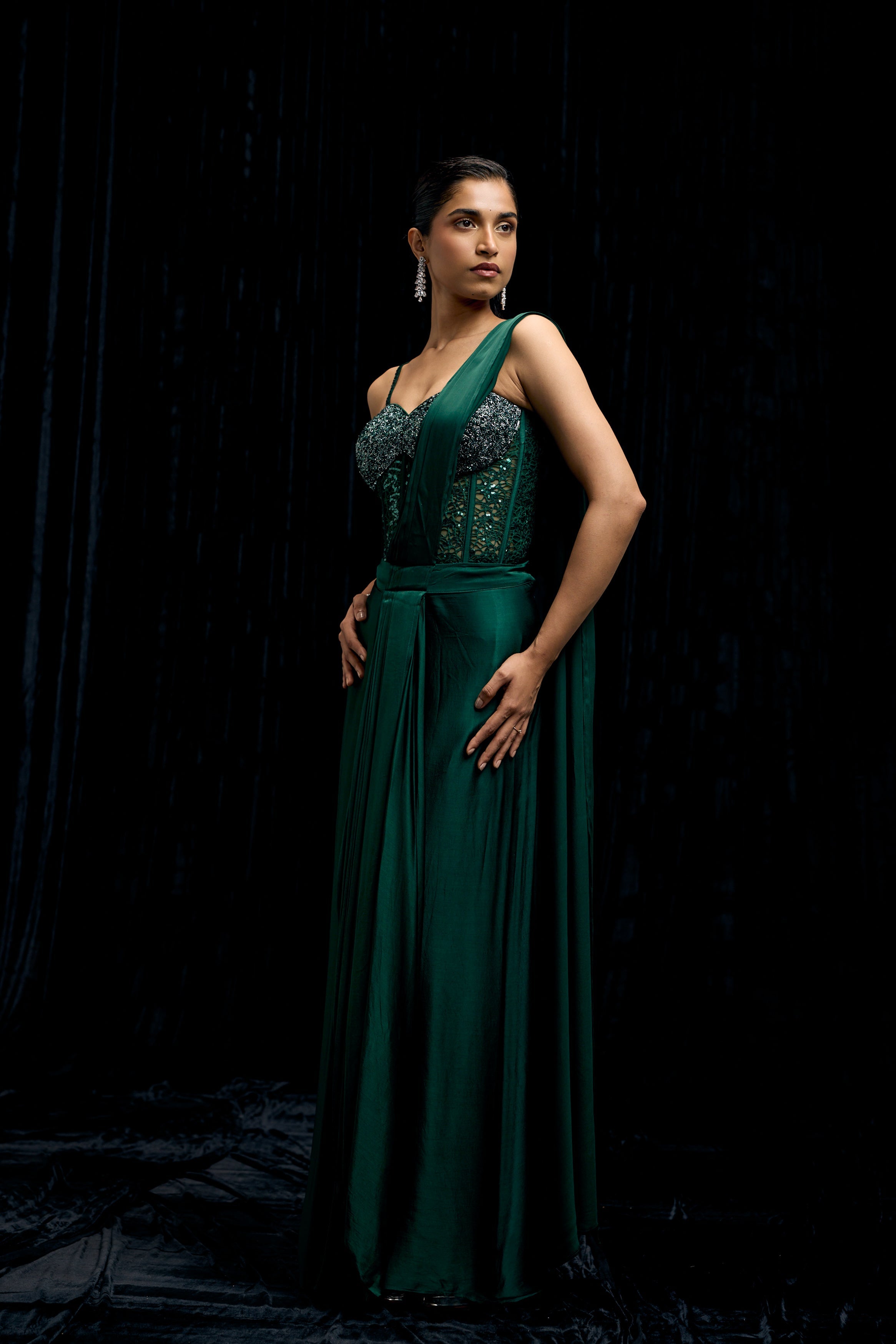 Emerald Green Embellished Satin Silk Draped Saree